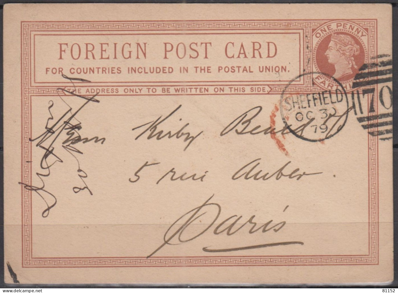 G.B.  Entier CPA     One Penny   De  SHEFFIELD  Le   30 Oct 1879 Pour PARIS - Interi Postali