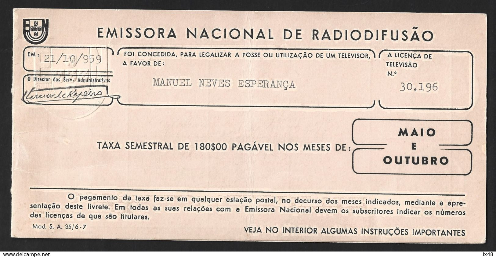 Television License, Lisbon 1959. Payment 1st Fee Due 1960. Radio. Film. Cine. Fernsehlizenz, Lissabon. Televisielicentie - Cinema