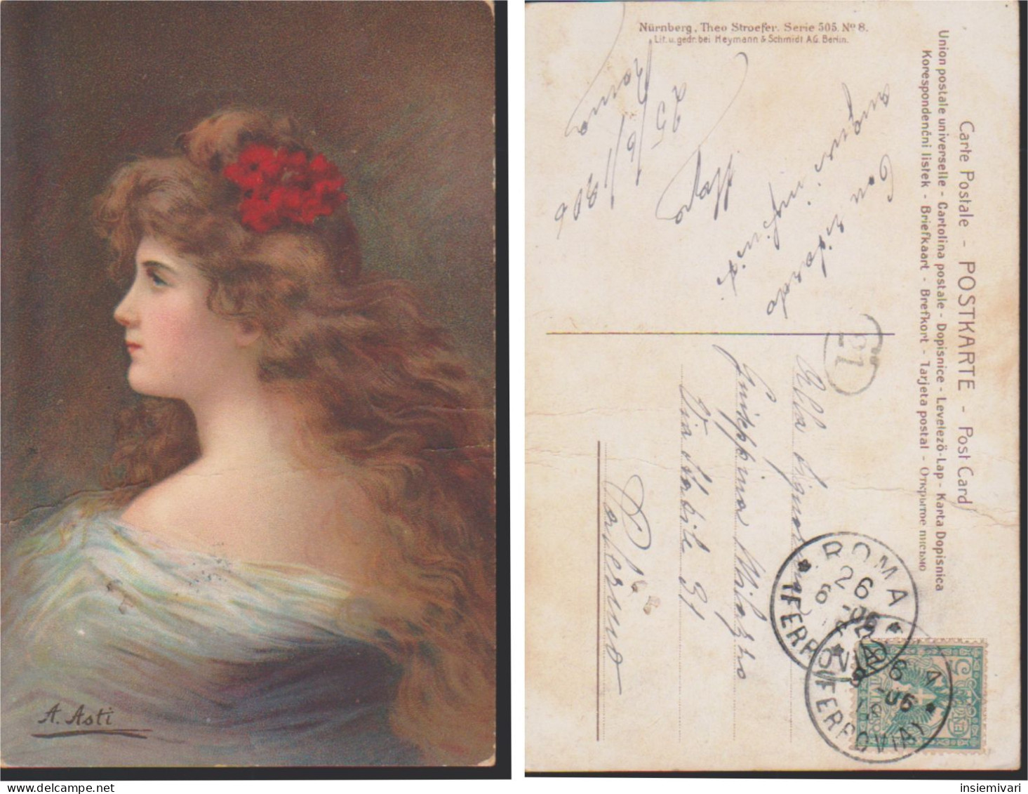 Cartolina " Giovane Donna Leggermente Di Spalle,con Fiore Rosso Nei Capelli " A.ASTI .f/p Viaggiata 1906. - Asti