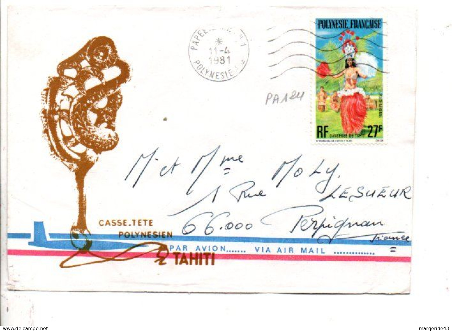 POLYNESIE SEUL SUR LETTRE POUR LA FRANCE 1981 - Briefe U. Dokumente