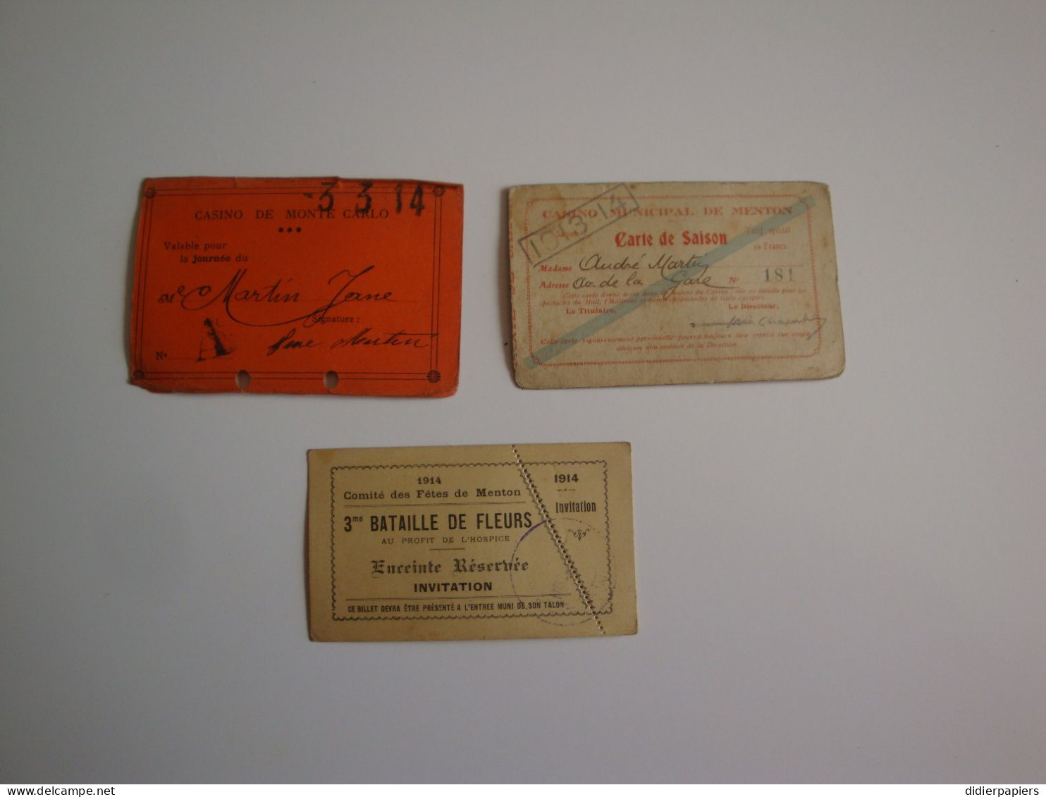 Menton,3ème Bataille De Fleurs 1914,carte De Saison Au Casino Municipal Et Carte Casino De Monte-Carlo - Tickets - Vouchers