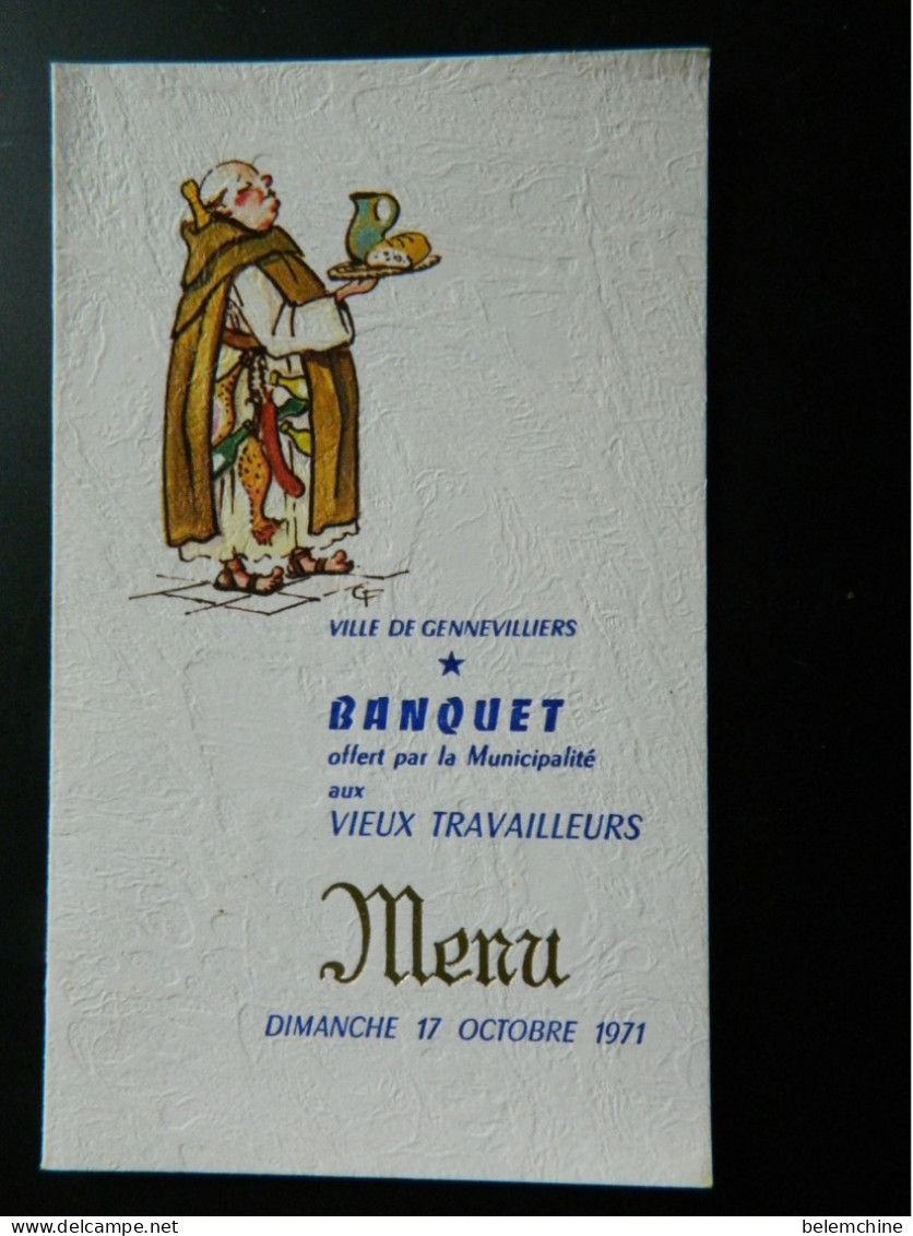 MENU      VILLE DE GENNEVILLIERS BANQUET OFFERT AUX VIEUX TRAVAILLEURS      DIMANCHE 17 OCTOBRE 1971 - Menus