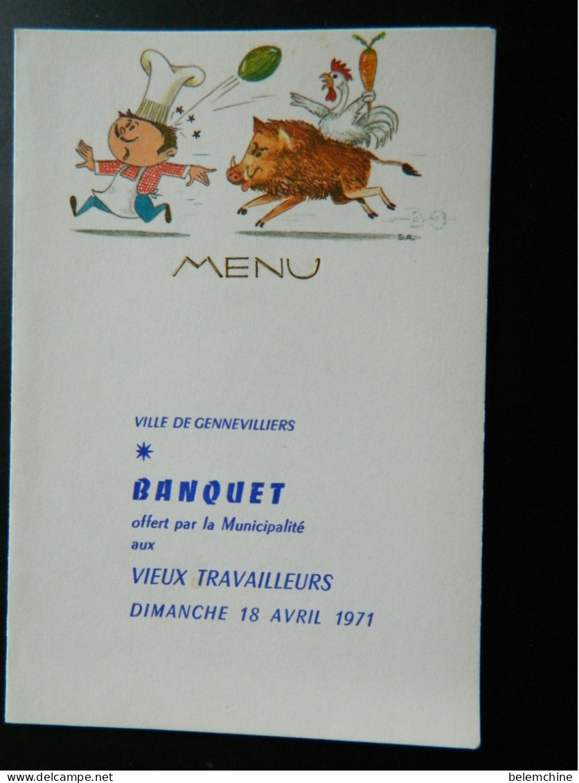 MENU      VILLE DE GENNEVILLIERS BANQUET OFFERT AUX VIEUX TRAVAILLEURS      DIMANCHE 18 AVRIL 1971 - Menükarten