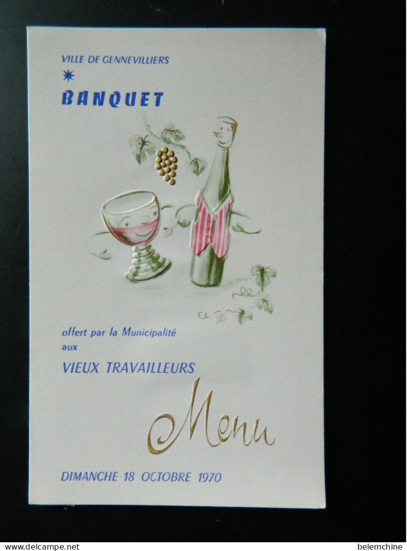 MENU      VILLE DE GENNEVILLIERS BANQUET OFFERT AUX VIEUX TRAVAILLEURS      DIMANCHE 18 OCTOBRE 1970 - Menu