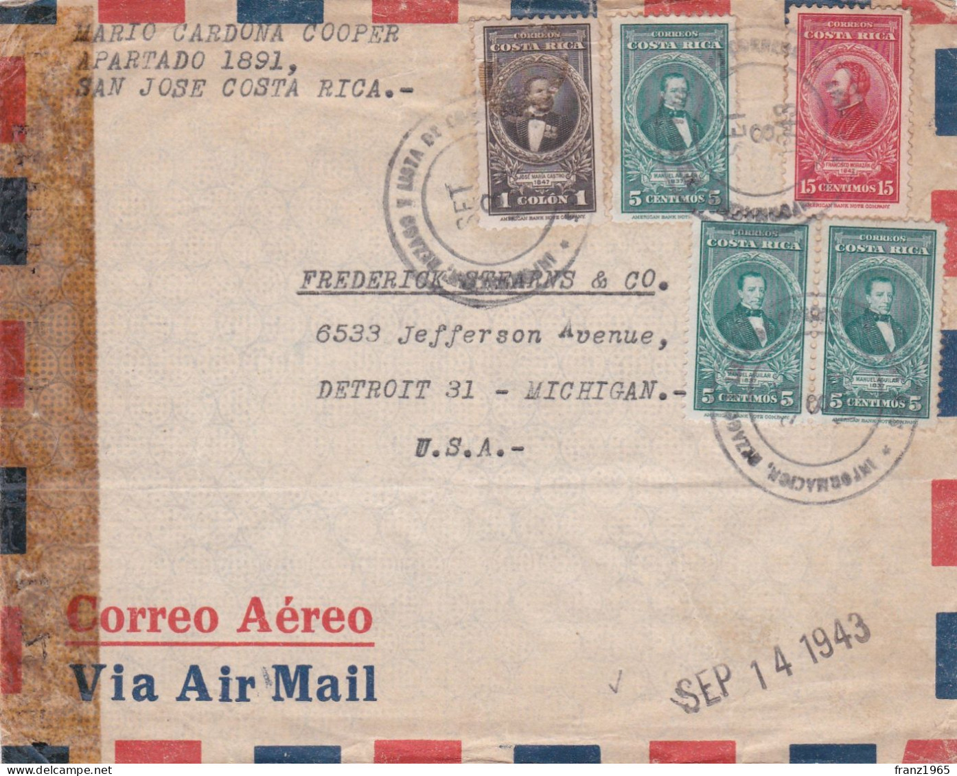 From Costa Rica To USA - 1943 - Costa Rica