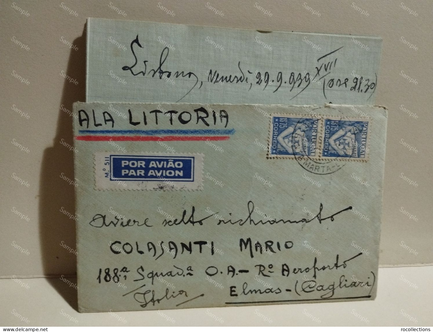 Posta Aerea Aviazione ALA LITTORIA Aviere Elmas Cagliari Da Lisbona Portogallo 1939 - Airmail