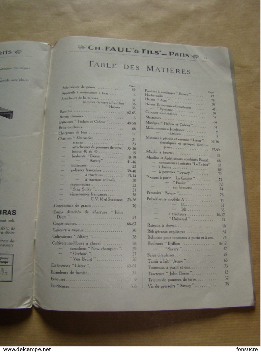 4721 Catalogue Machines Agricoles Ch. FAUL & Fils 1923 Frost & Wood John Deere Syracuse Savary Lister La Goulue 80 pages