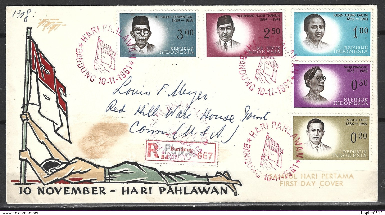 INDONESIE. N°253 + 255 + 259 & 261-2 Sur Enveloppe 1er Jour De 1961. Héros Nationaux. - Indonésie