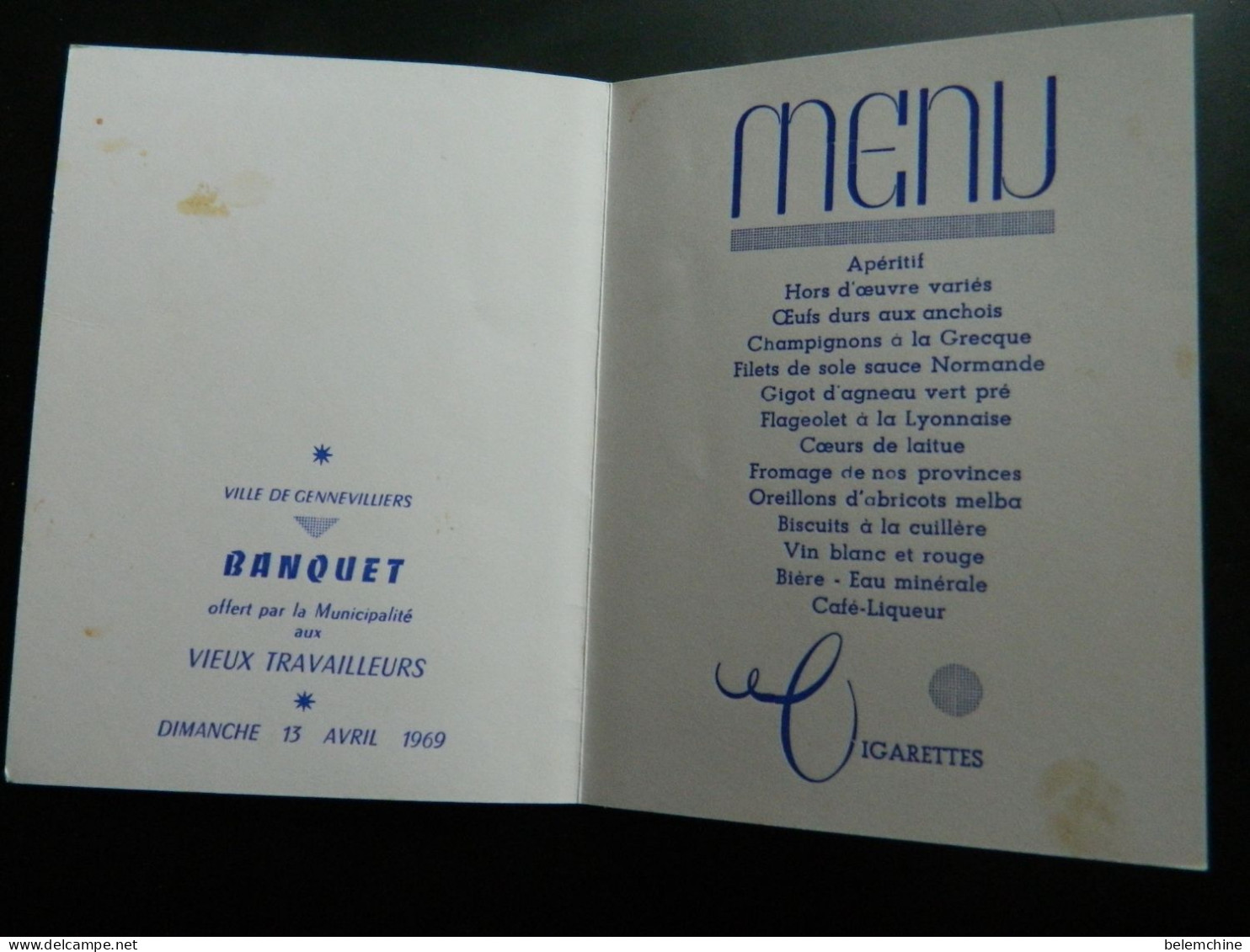 MENU      VILLE DE GENNEVILLIERS BANQUET OFFERT AUX VIEUX TRAVAILLEURS      DIMANCHE 13 AVRIL 1969 - Menükarten