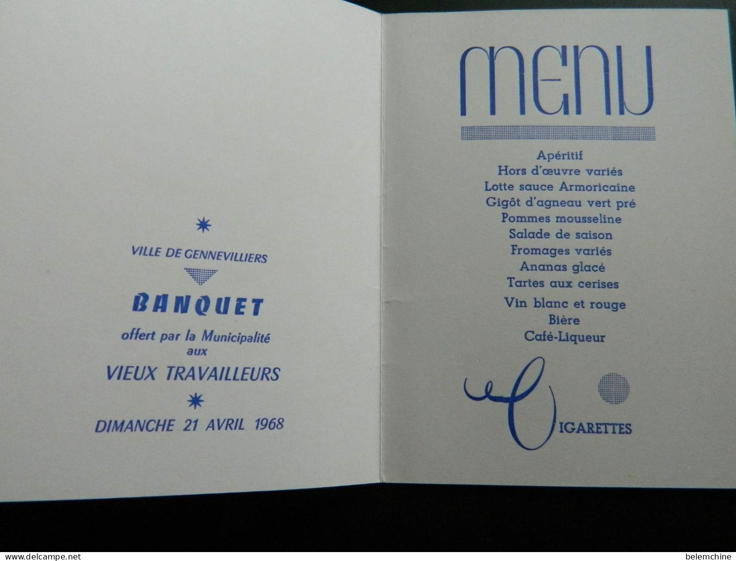 MENU      VILLE DE GENNEVILLIERS BANQUET OFFERT AUX VIEUX TRAVAILLEURS      DIMANCHE 21 AVRIL 1968 - Menus