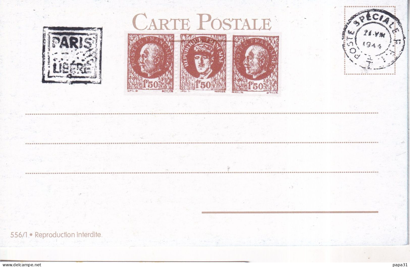 France.Entier Postal Général De Gaulle Et Pétain " Paris Libéré"et "FFI"sur Carte Postale - Altri & Non Classificati