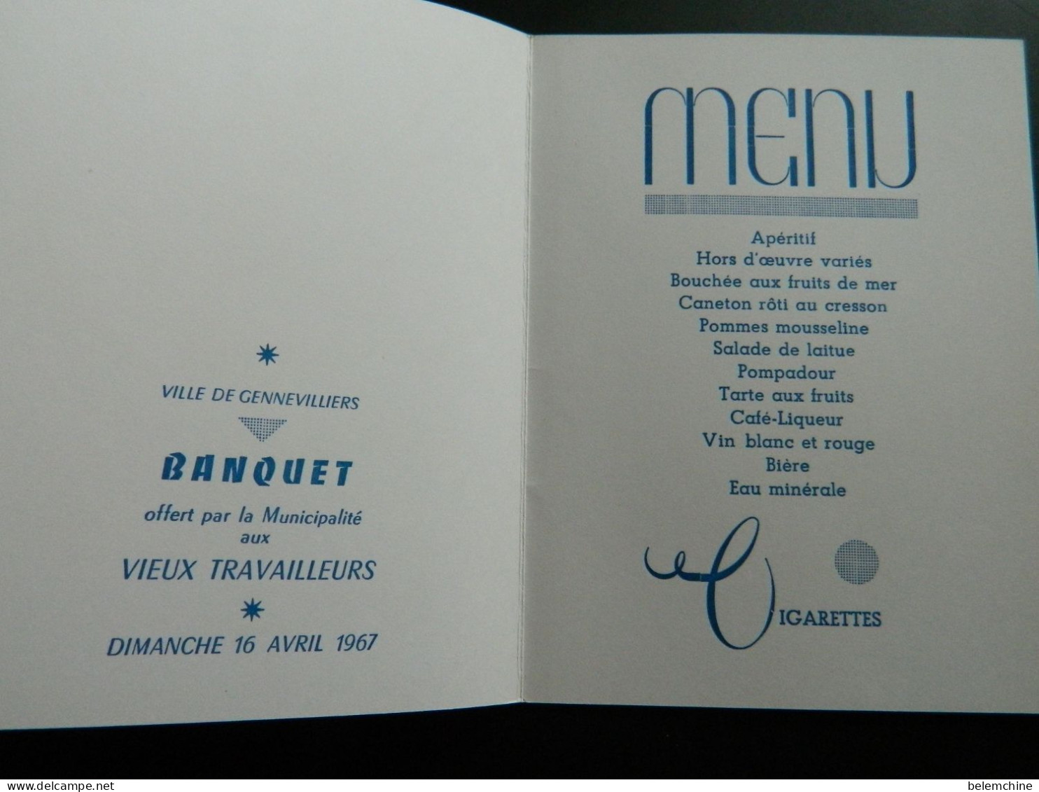 MENU      VILLE DE GENNEVILLIERS BANQUET OFFERT AUX VIEUX TRAVAILLEURS      DIMANCHE 16 AVRIL 1967 - Menus