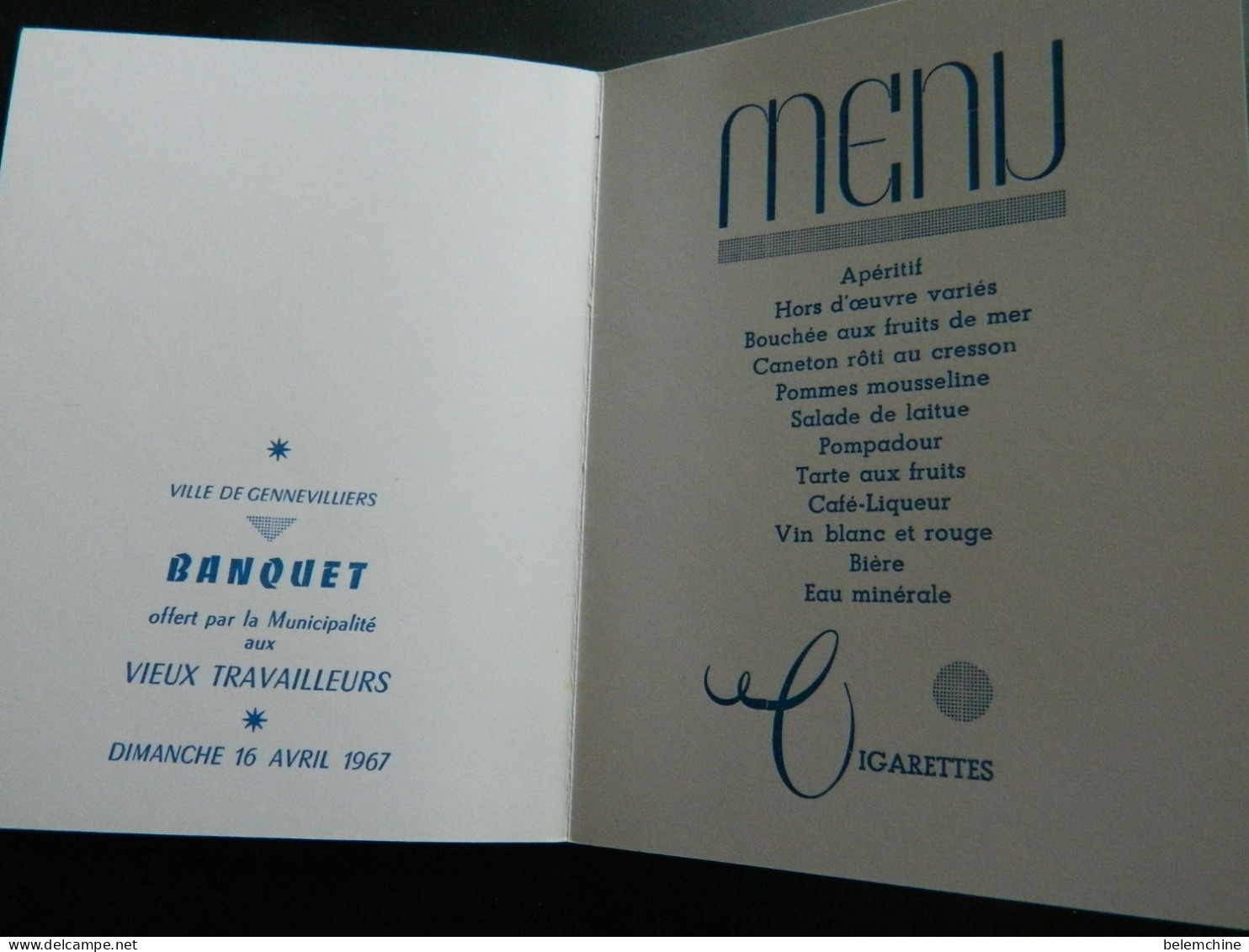 MENU      VILLE DE GENNEVILLIERS BANQUET OFFERT AUX VIEUX TRAVAILLEURS      DIMANCHE 16 AVRIL 1967 - Menükarten