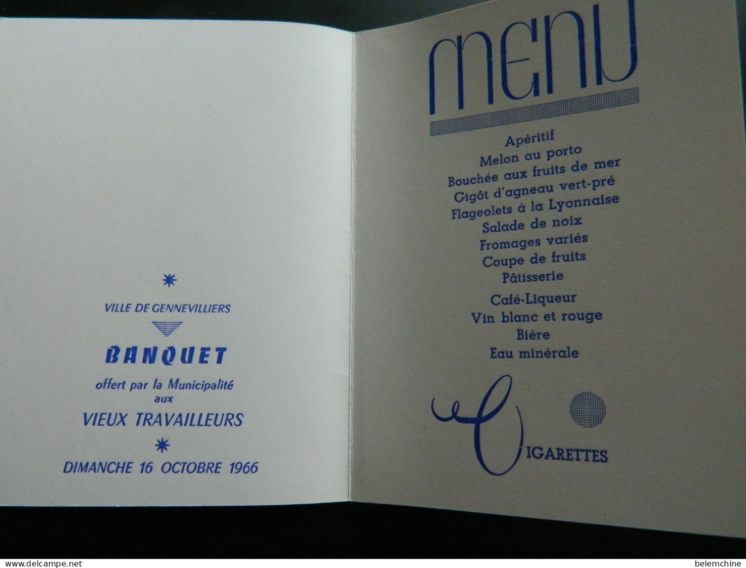 MENU      VILLE DE GENNEVILLIERS BANQUET OFFERT AUX VIEUX TRAVAILLEURS      DIMANCHE 16 OCTOBRE 1966 - Menus