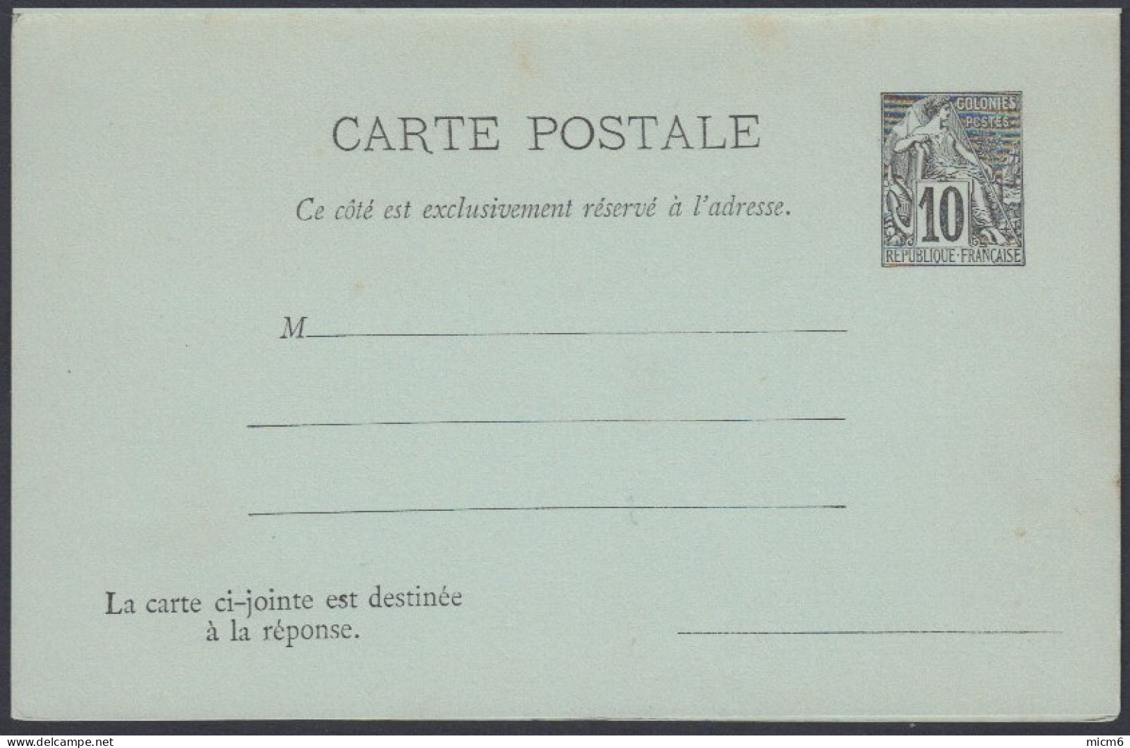 Colonies Générales - Carte Postale Réponse Payée N° 7 Bleu-vert N° 7 Neuve. - Alphée Dubois