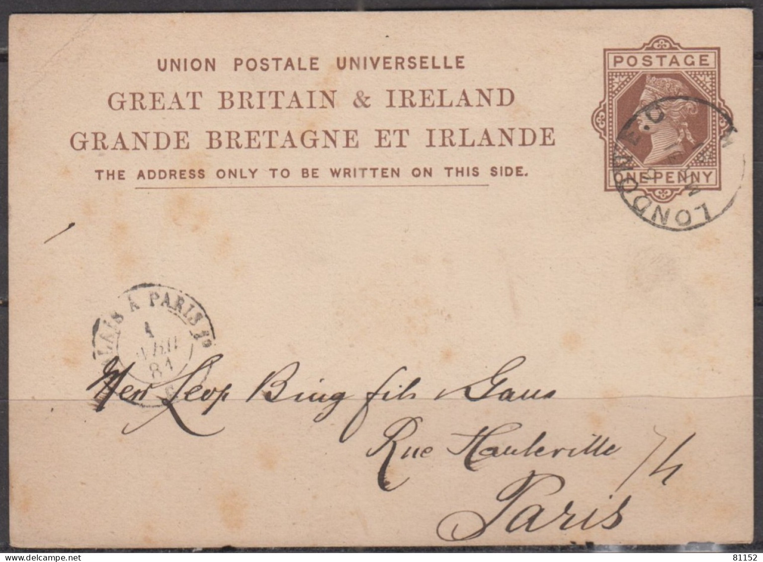 G.B.  Entier CPA     One Penny   De  LONDON   Le 31 Mars 1881  Avec Ambulant  CALAIS à  PARIS - Interi Postali