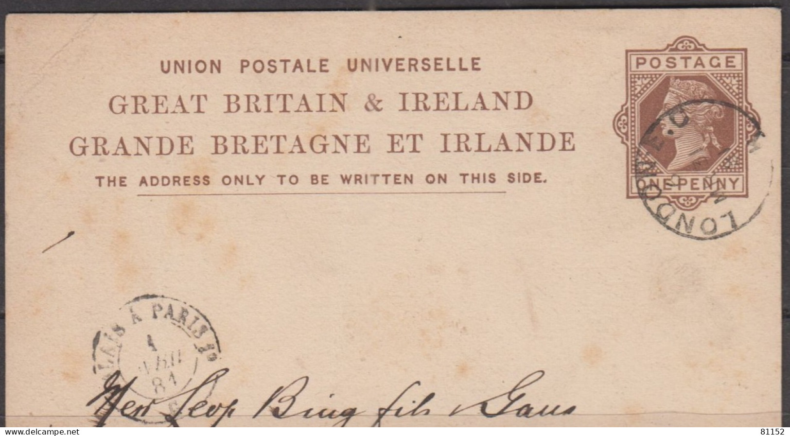 G.B.  Entier CPA     One Penny   De  LONDON   Le 31 Mars 1881  Avec Ambulant  CALAIS à  PARIS - Stamped Stationery, Airletters & Aerogrammes