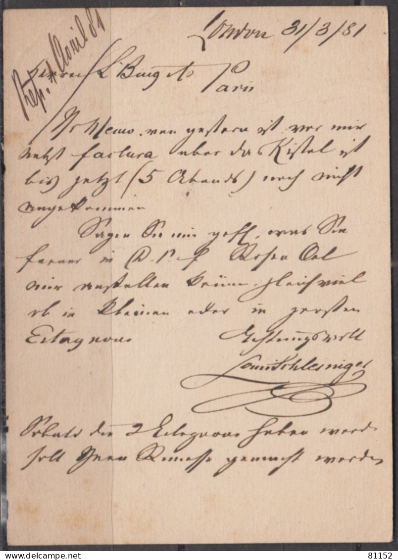 G.B.  Entier CPA     One Penny   De  LONDON   Le 31 Mars 1881  Avec Ambulant  CALAIS à  PARIS - Postwaardestukken