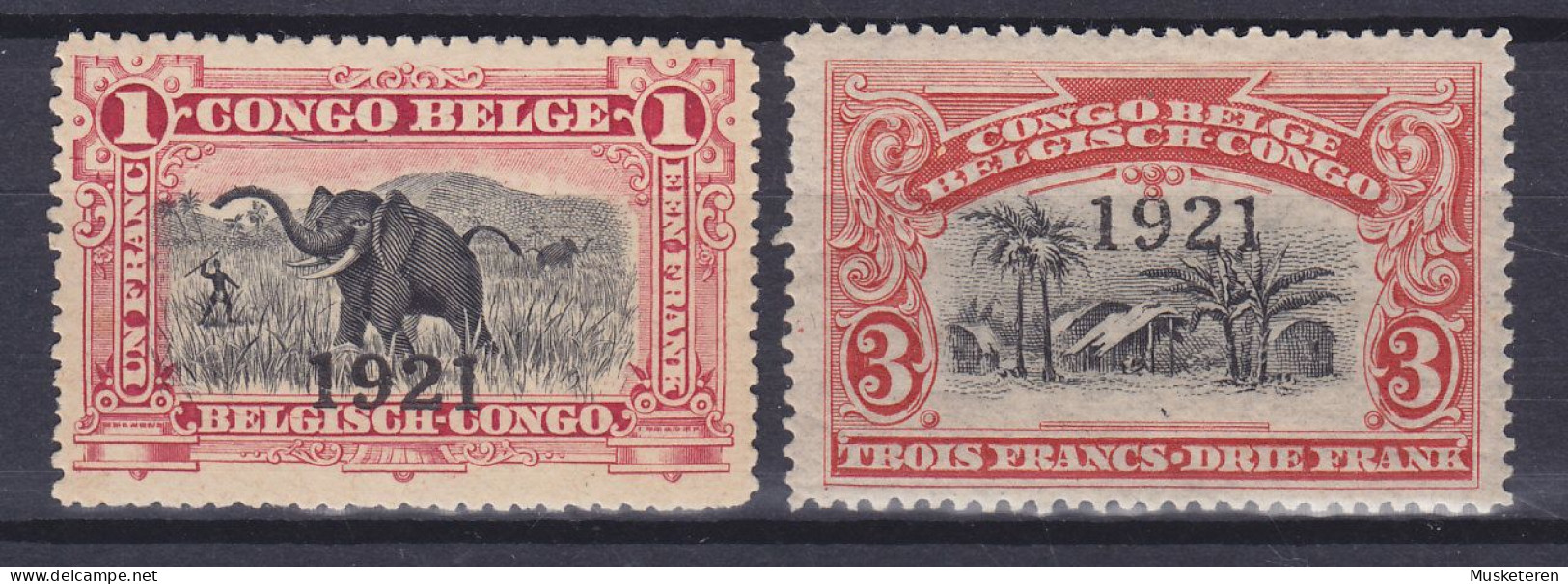 Belgian Congo 1921 Mi. 52-53, Elefantenjagd Elephant Hunt & Dorf Overprinted Surchargé '1921', MH* (2 Scans) - Nuevos