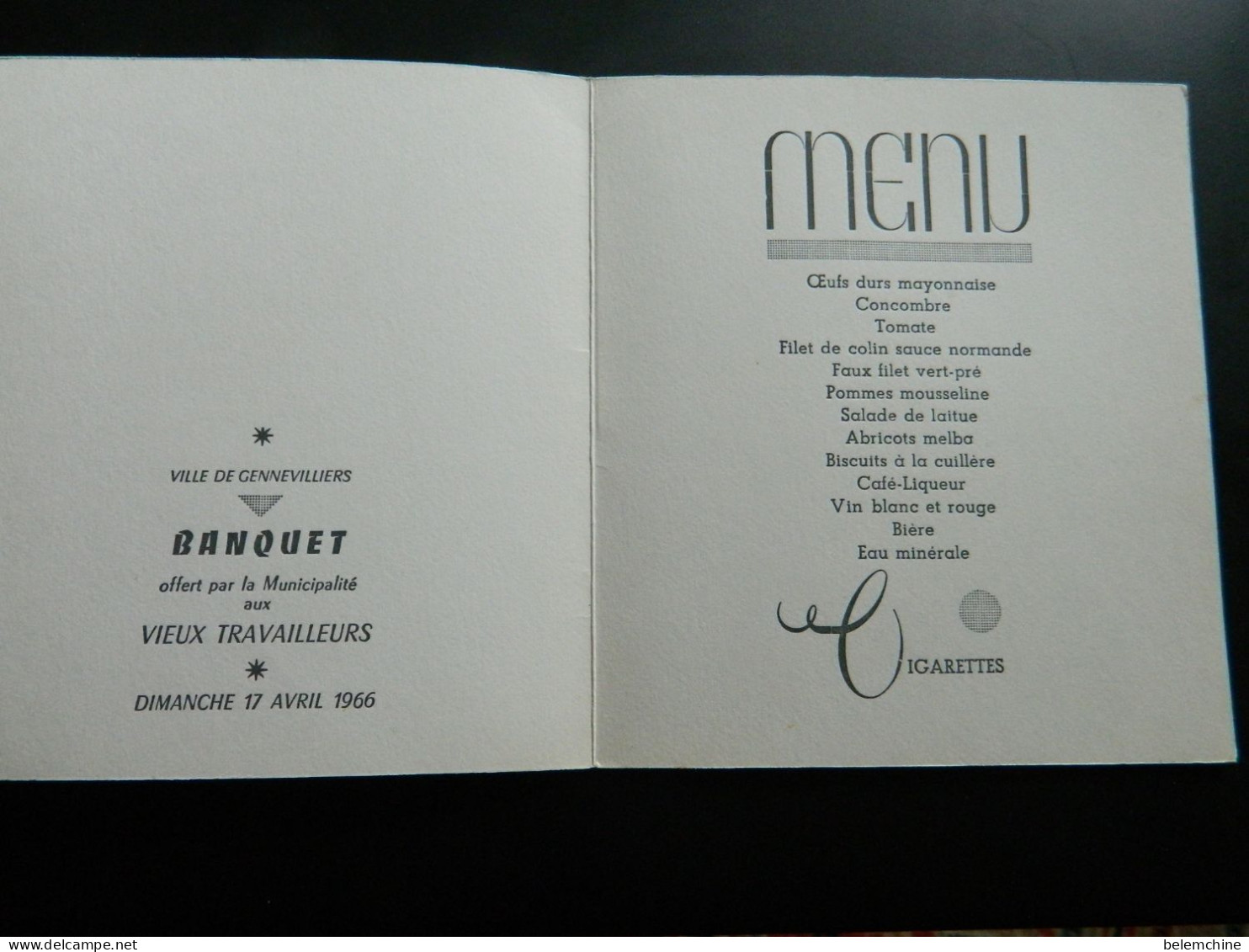 MENU      VILLE DE GENNEVILLIERS BANQUET OFFERT AUX VIEUX TRAVAILLEURS   LE TAILLEUR DE PIERRE   DIMANCHE 17 AVRIL 1966 - Menükarten