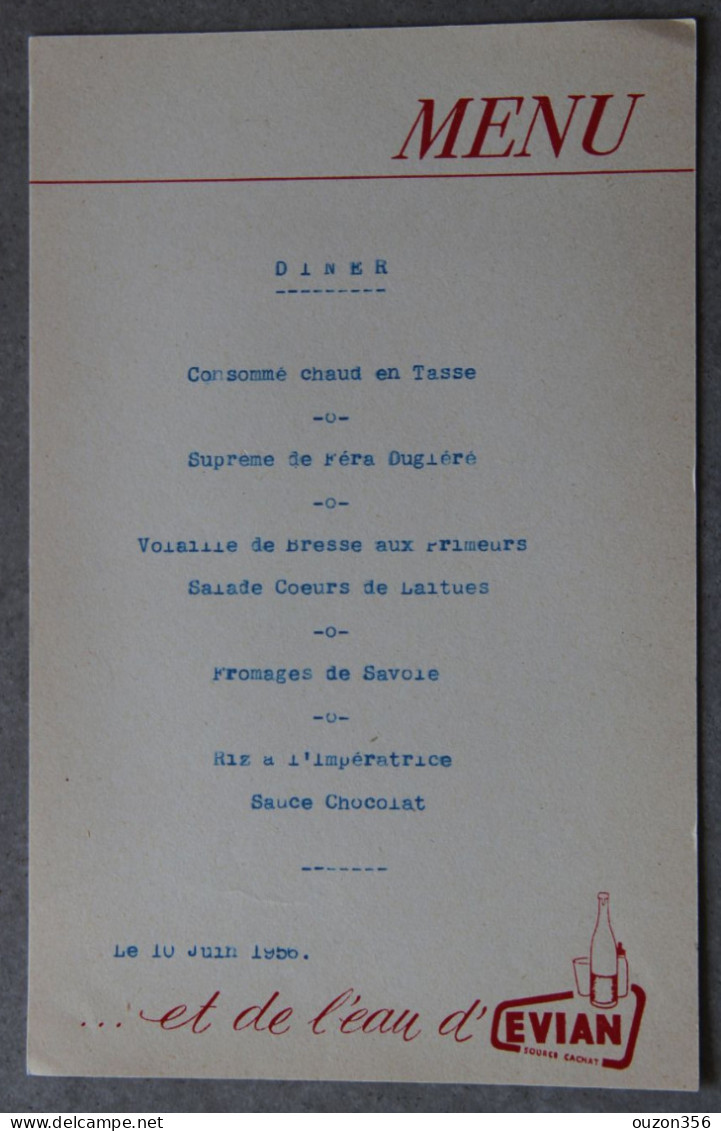 Menu Dîner 10 Juin 1956 (Evian-les-Bains, Haute-Savoie) - Menu