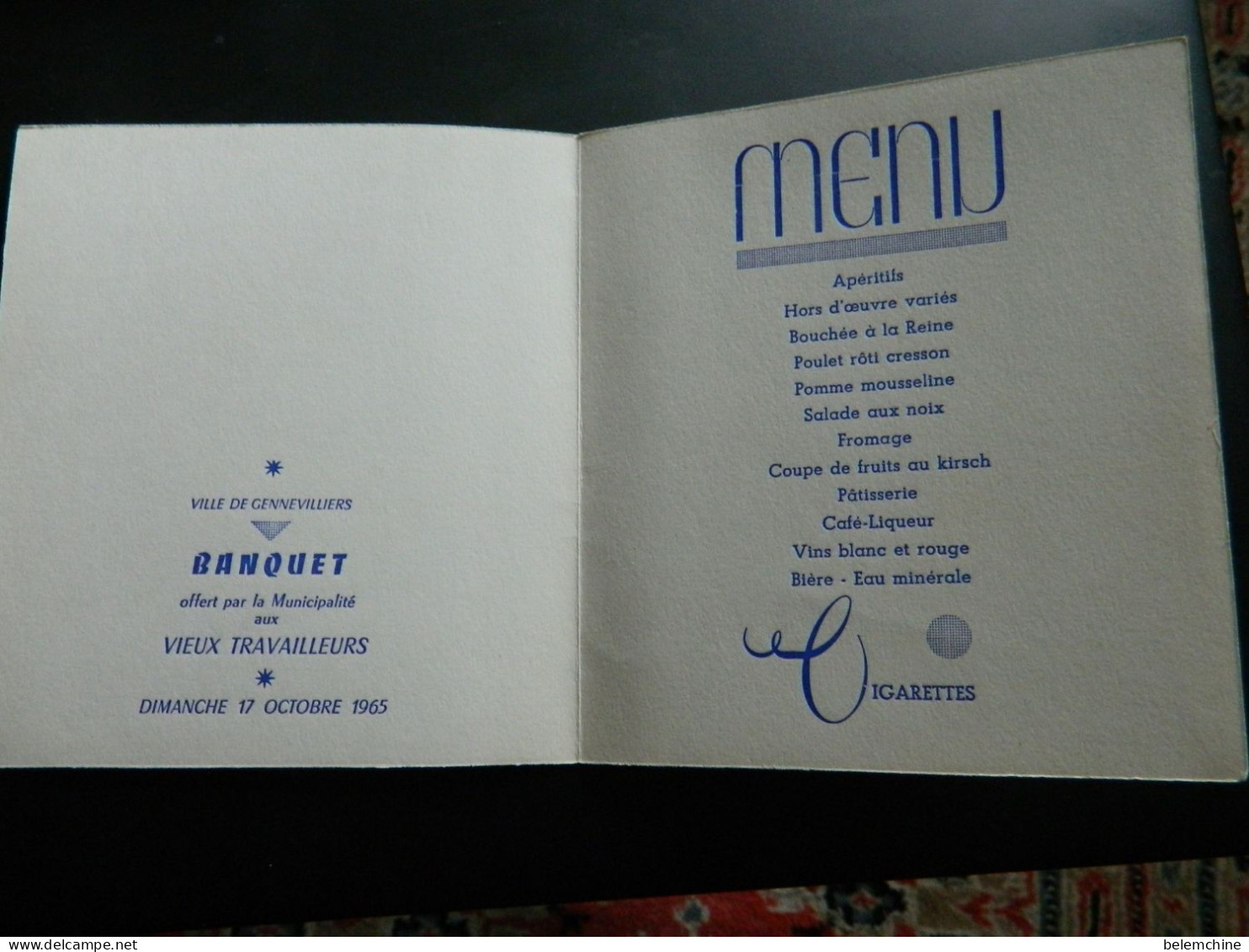 MENU      VILLE DE GENNEVILLIERS BANQUET OFFERT AUX VIEUX TRAVAILLEURS  LE TAILLEUR DE PIERRE   DIMANCHE 17 OCTOBRE 1965 - Menus