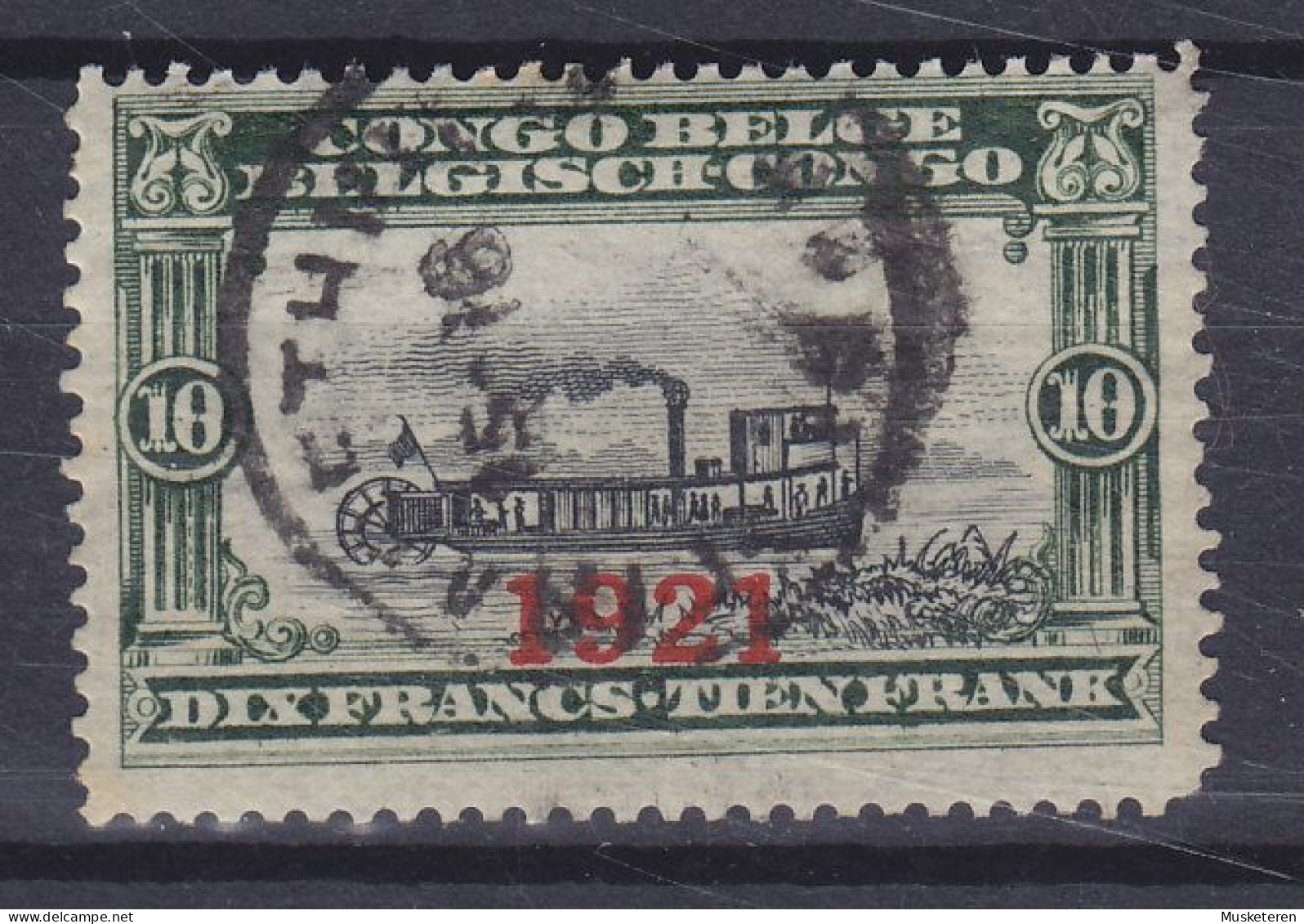 Belgian Congo 1921 Mi. 55, 10 Fr. Raddampfer 'Deliverance' Auf Dem Oberen Kongo Overprinted Surchargé '1921' (2 Scans) - Used Stamps