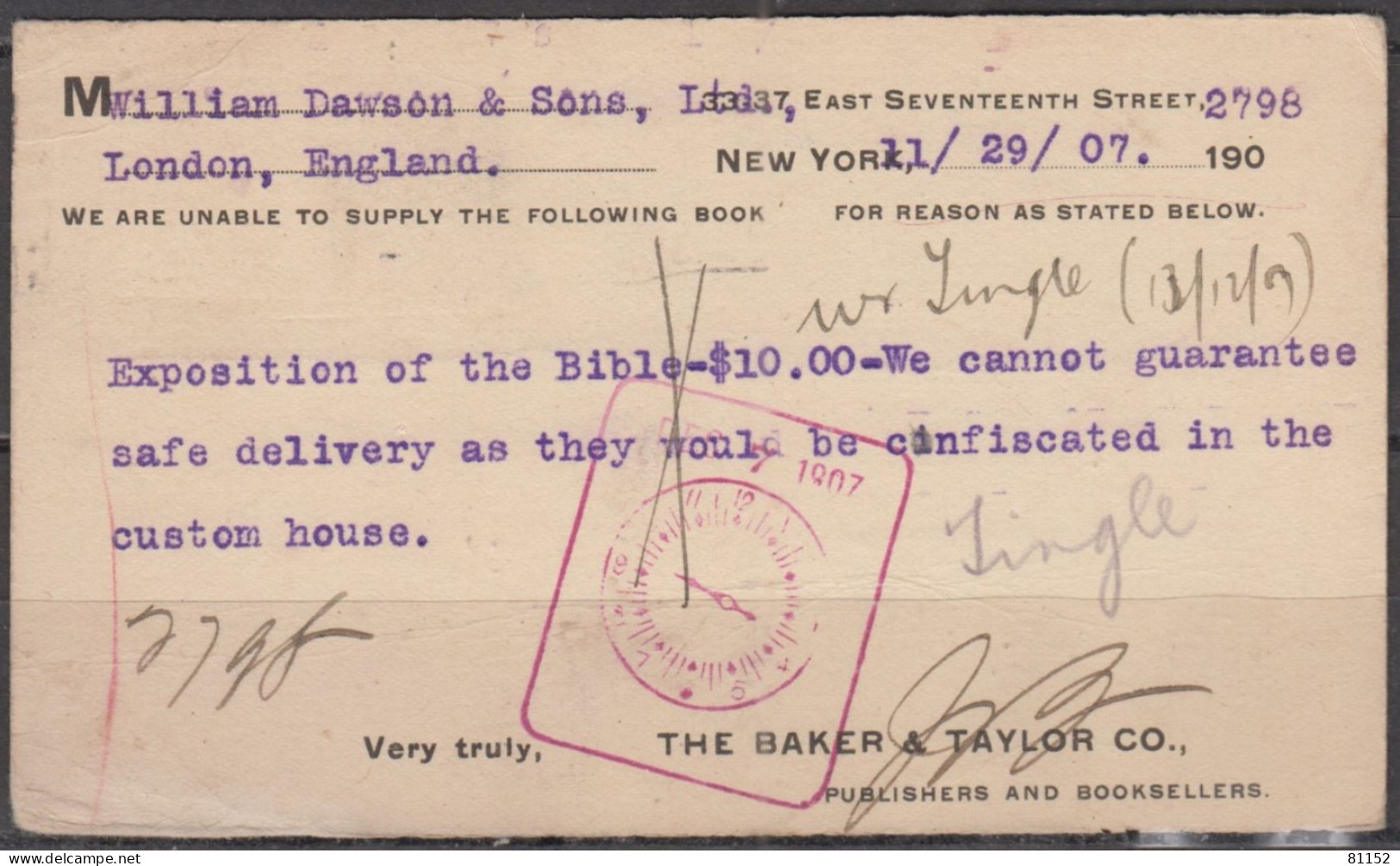 U.S.A. ENTIER Pub   One Cent Sur CPA  + Complément One Cent   De NEW-YORK   Le 29  Nov 1907 Pour LONDON G.B. - 1901-20