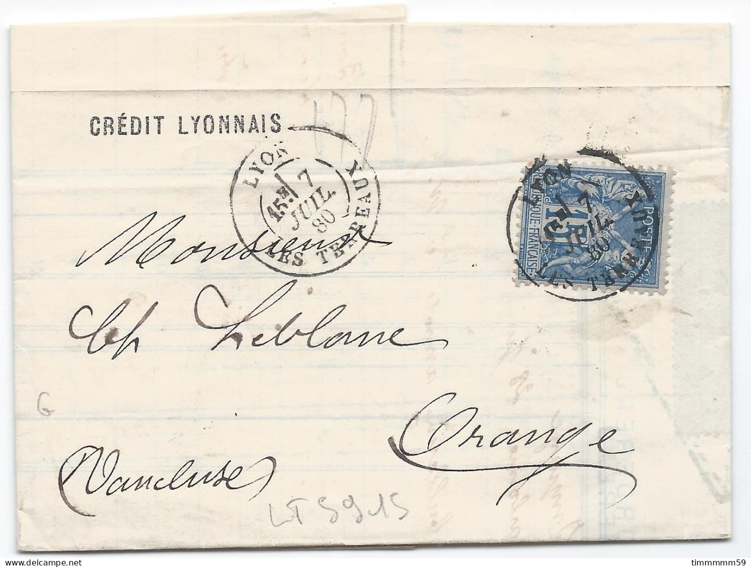 LT5915  N°90/Lettre, Oblitéré Cachet à Date De LYON LES TERREAUX, Du 7 Juil. 1880 - 1876-1898 Sage (Type II)