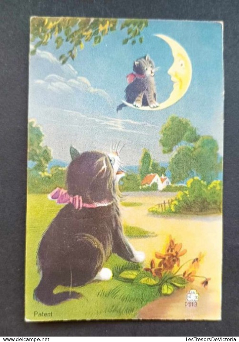 Fantaisie - Carte Sonore - Chaton Qui Miaule à La Lune - Chaton Sur La Lune - Carte Postale Ancienne - Animales Vestidos