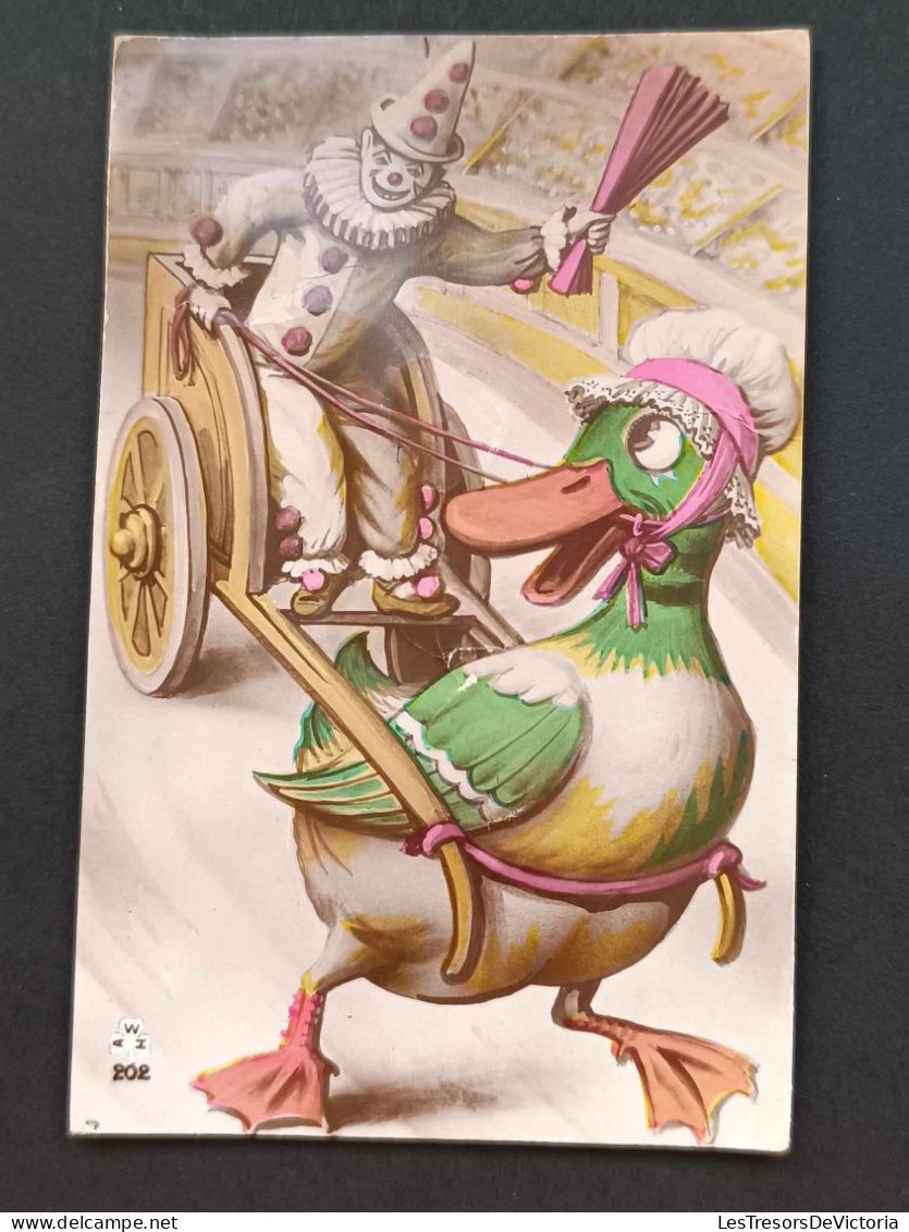 Fantaisie - Carte Sonore - Canard Qui Tire Un Attelage Avec Un Pierrot - Clouwn - Cirque - Carte Postale Ancienne - Dressed Animals