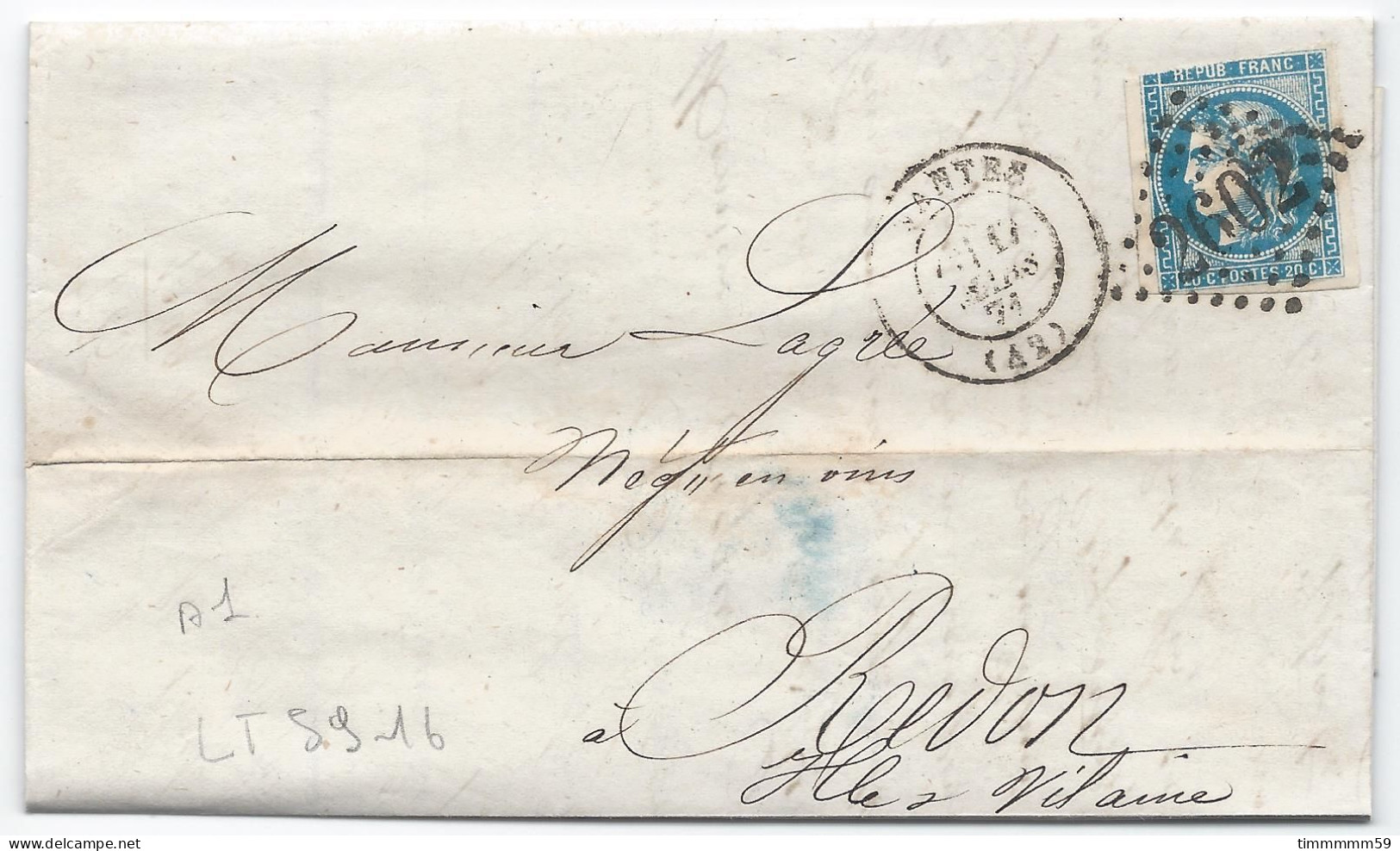 LT5916  N°44-45 Ou 46 ???/Lettre, Oblitéré GC 2602 NANTES(42), Indice 1, Du 17 Mars 1871 - 1870 Bordeaux Printing