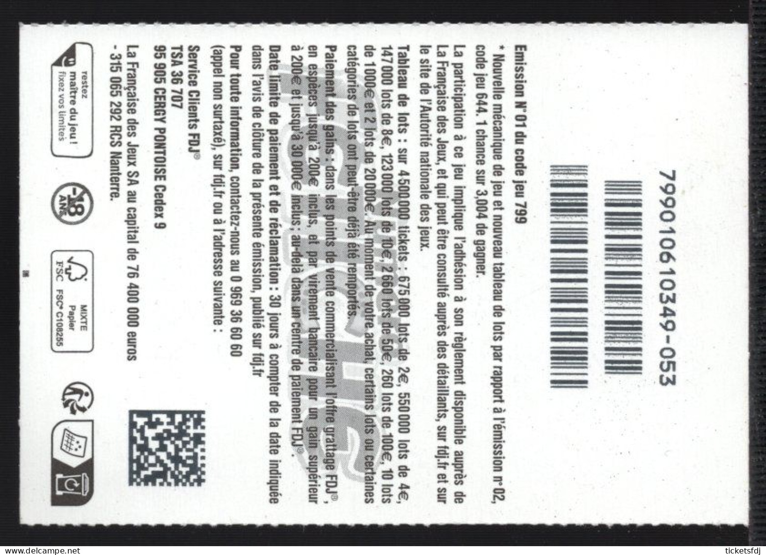 Grattage ILLIKO - NUMERO FETICHE 79901 - Le 3 - FRANCAISE DES JEUX - Biglietti Della Lotteria