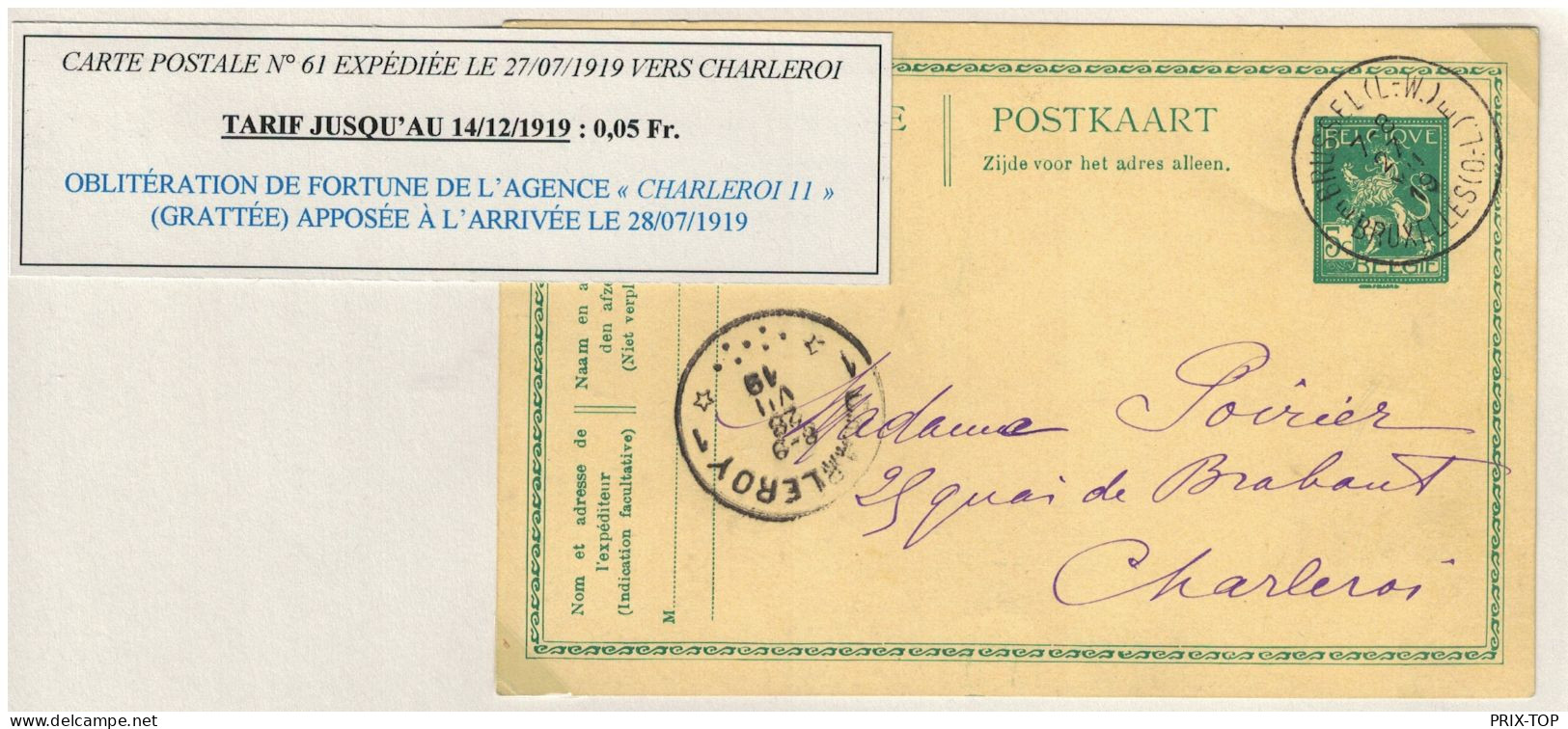 Entier CP 5 C Pellens Obl. BXL Q-L 27/7/19 > Charleroi C. D'arrivée Obl. Fortune Agence Charleroi 11 28/7/19 - Postmarks With Stars