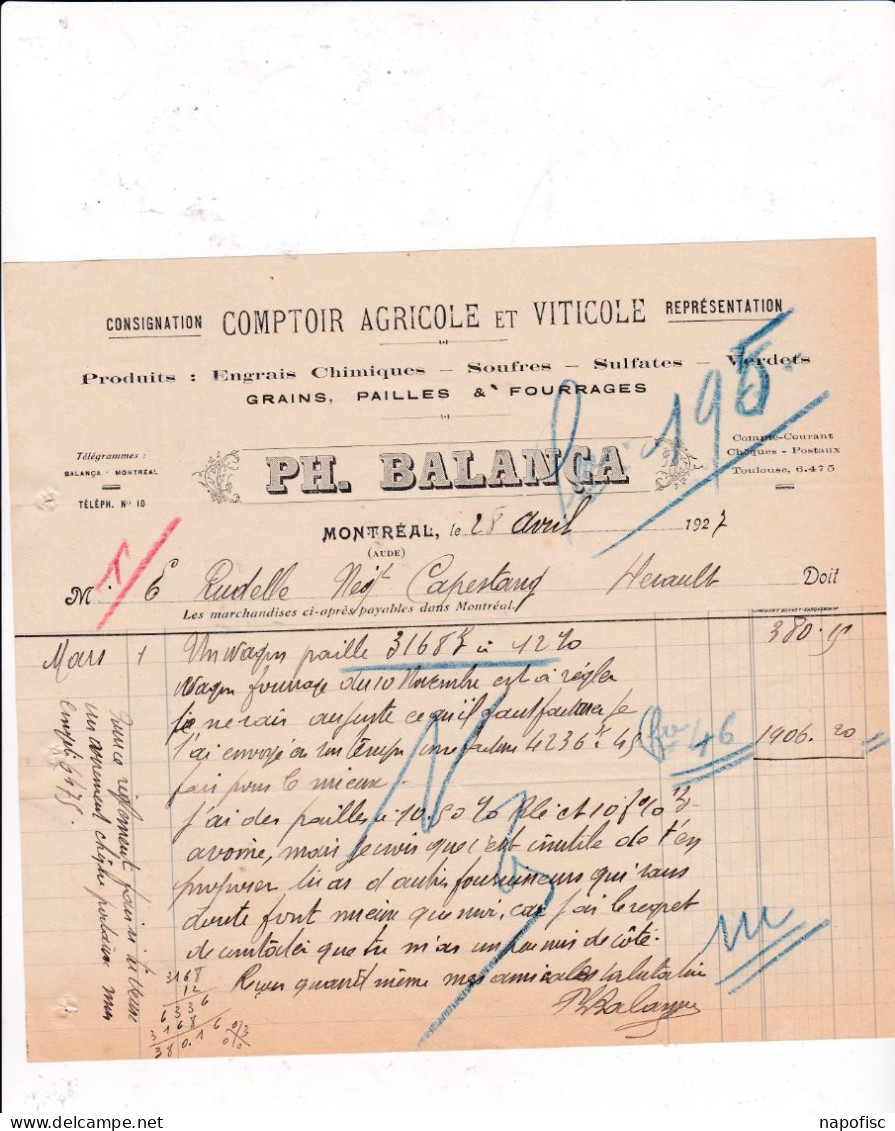 11-P.Balança...Comptoir Agricole & Viticole..Montréal...(Aude)...1927 - Agricultura