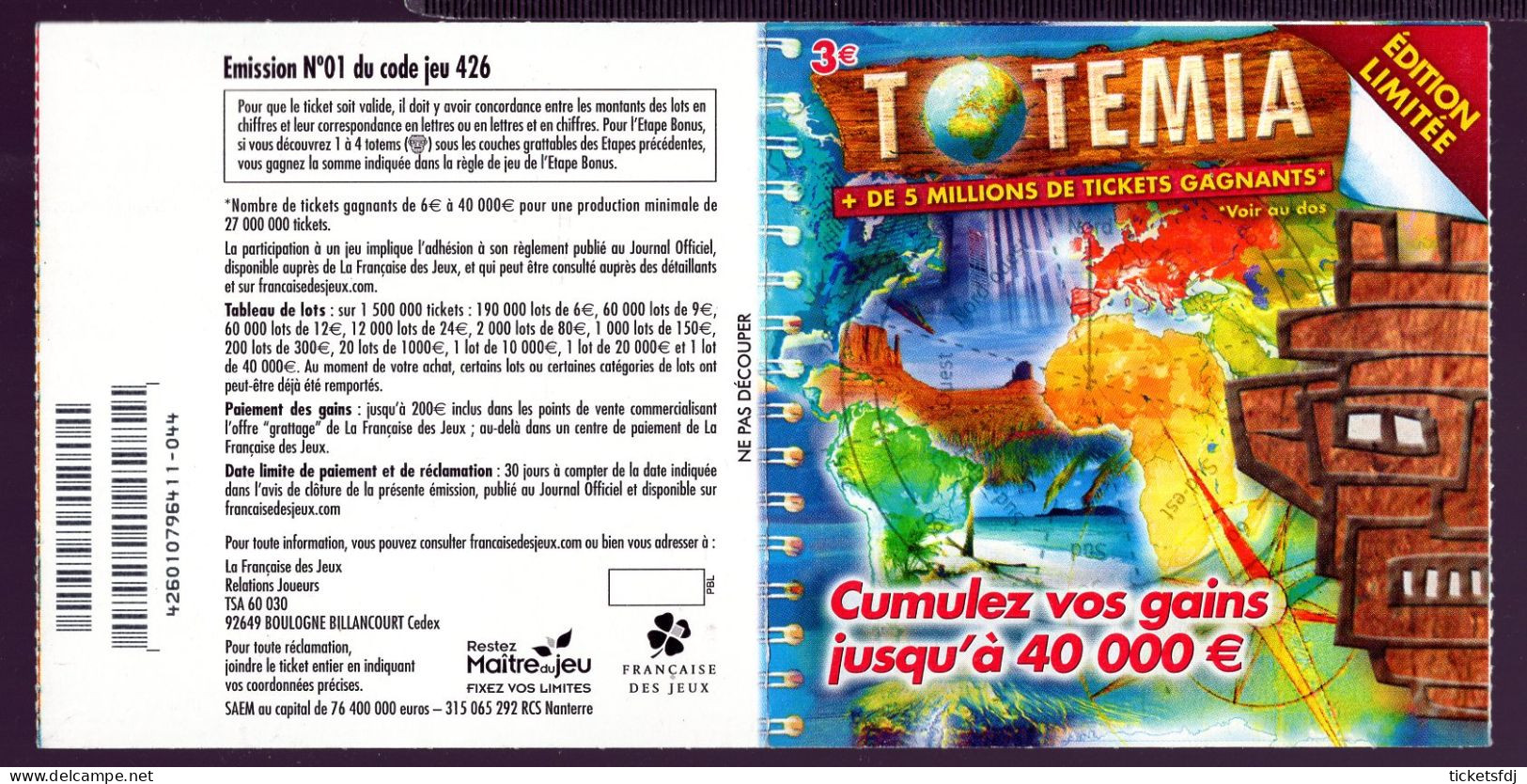 Grattage FDJ - TOTEMIA 42601 - 2ème Cadre - FRANCAISE DES JEUX - Lottery Tickets