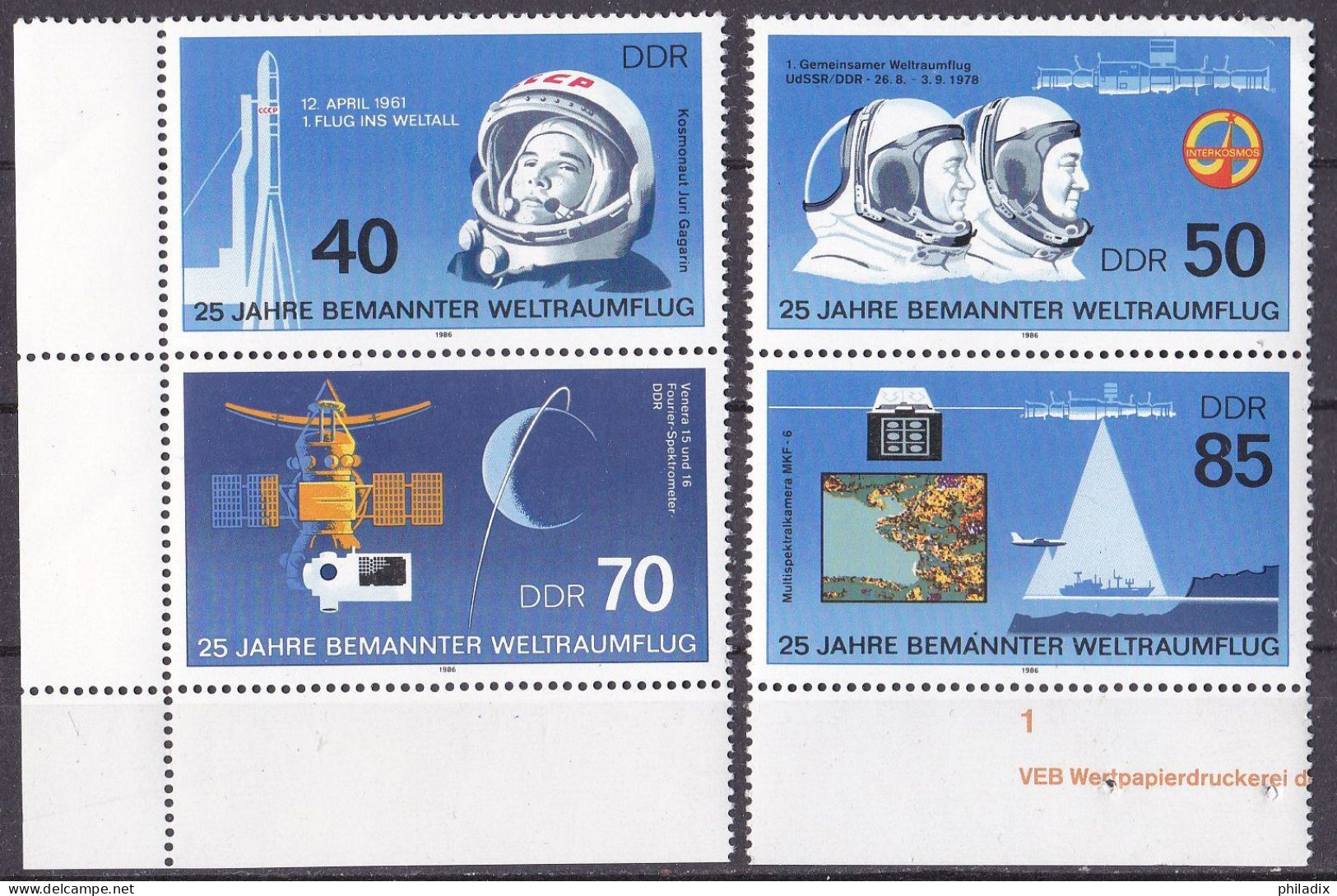 # (3005-3008) DDR 1986 25 Jahre Bemannter Weltraumflug **/MNH (A5-6) - Unused Stamps