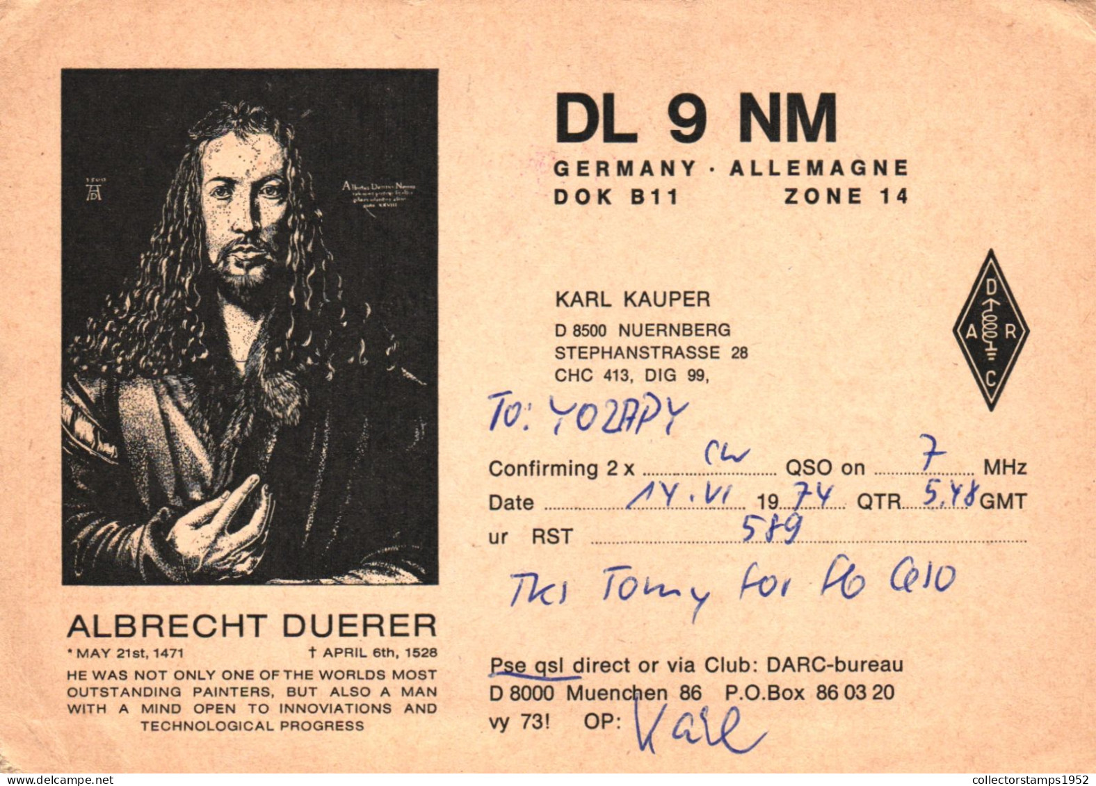 QSL CARD, RADIO, ALBRECHT DUERER, PAINTER, DL 9 NM, ILLUSTRATION, PORTRAIT, GERMANY, POSTCARD - Radio