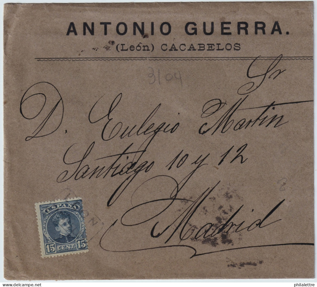 ESPAGNE / ESPAÑA - 1902 Ed.255 15c Azul Negruzco Usado Con Carteria "LEON / CACABELOS" En Sobre A Madrid - Brieven En Documenten