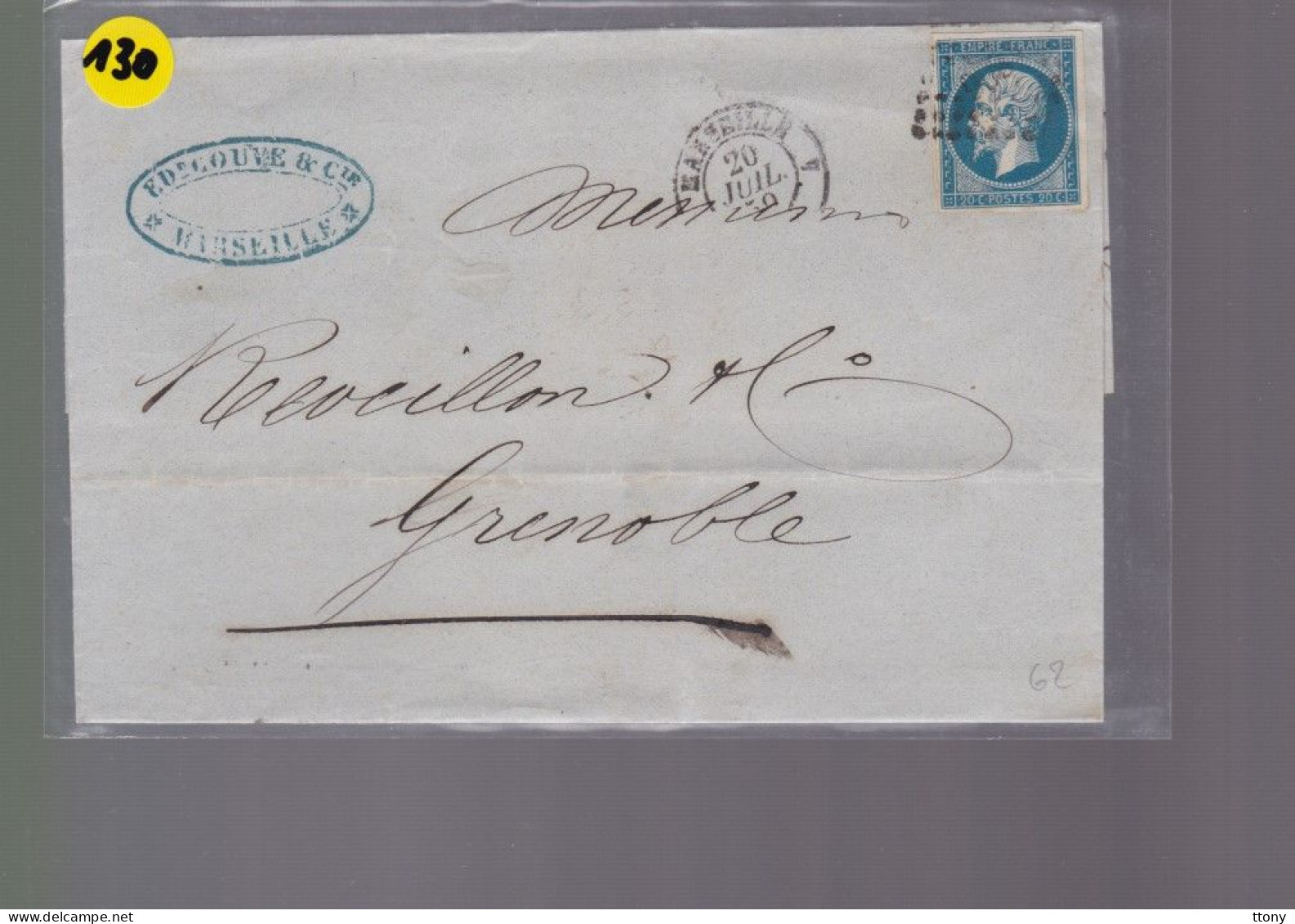 Un Timbre N° 14 Napoléon III     20 C   Bleu  Sur Lettre    Pour  Grenoble     1859 - 1853-1860 Napoleon III