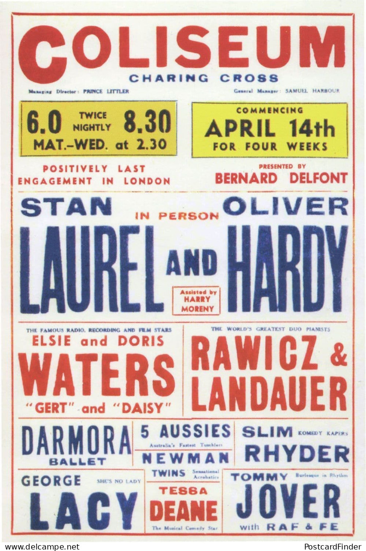 Laurel & Hardy Coliseum Theatre London Live Comedy Poster Postcard - Autres & Non Classés