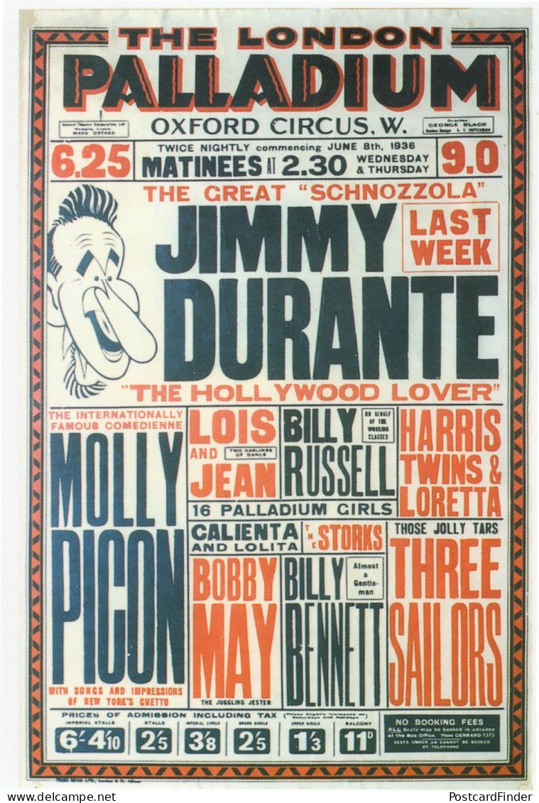 Jimmy Durante London Palladium Theatre Live Show Advertising Postcard - Autres & Non Classés