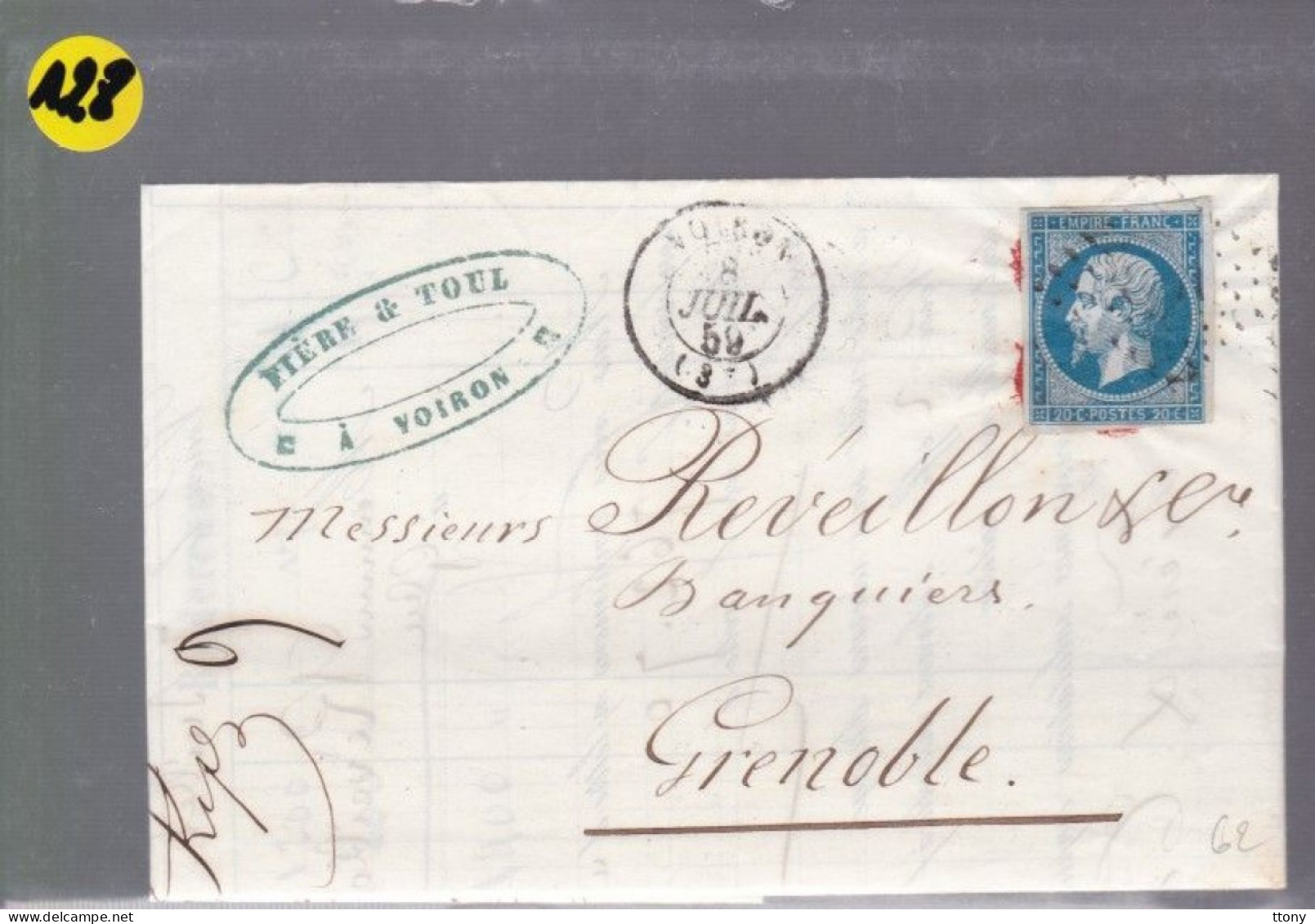 Un Timbre N° 14 Napoléon III     20 C   Bleu  Sur Lettre    Pour  Grenoble       1859 - 1853-1860 Napoleon III