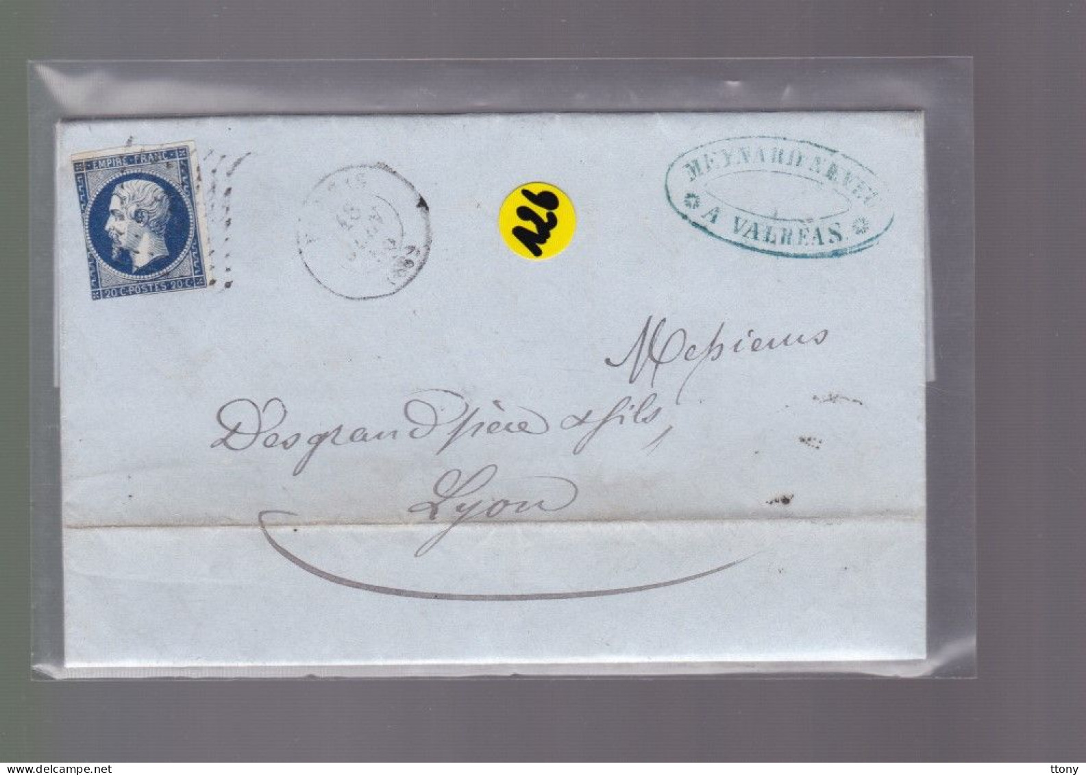 Un Timbre N° 14 Napoléon III     20 C   Bleu  Sur Lettre    Pour Lyon        1856 - 1853-1860 Napoleon III