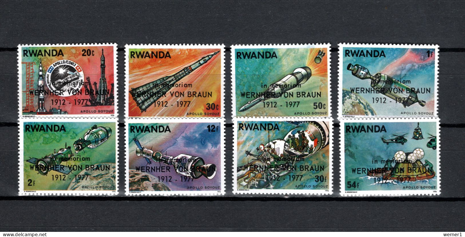 Rwanda 1977 Space, Apollo-Soyuz Set Of 8 With "Wernher Von Braun" Overprint MNH - Africa