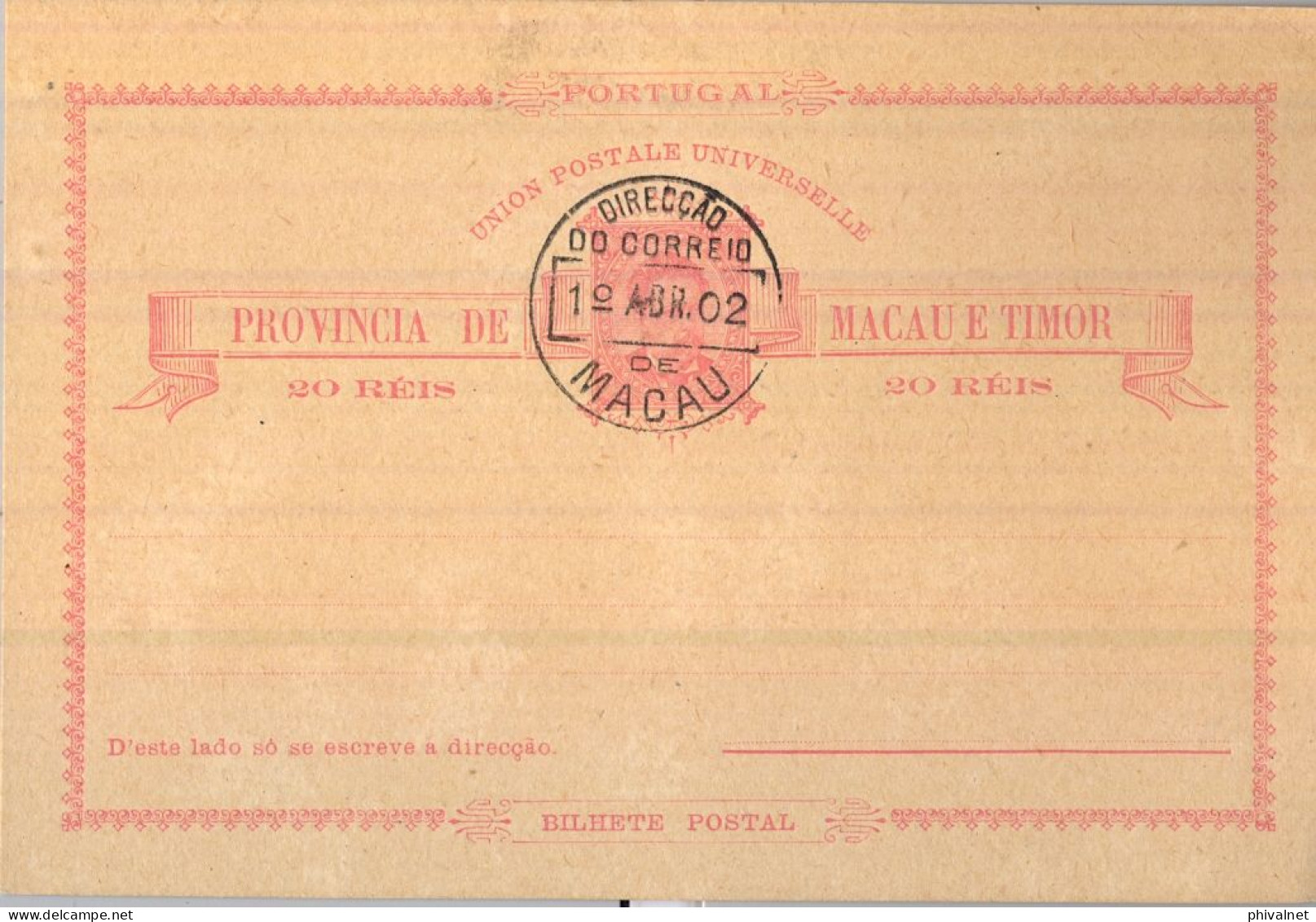 1902 MACAO , ENTERO POSTAL CON MATASELLOS DE FAVOR , PROVINCIA DE MACAU E TIMOR - Entiers Postaux