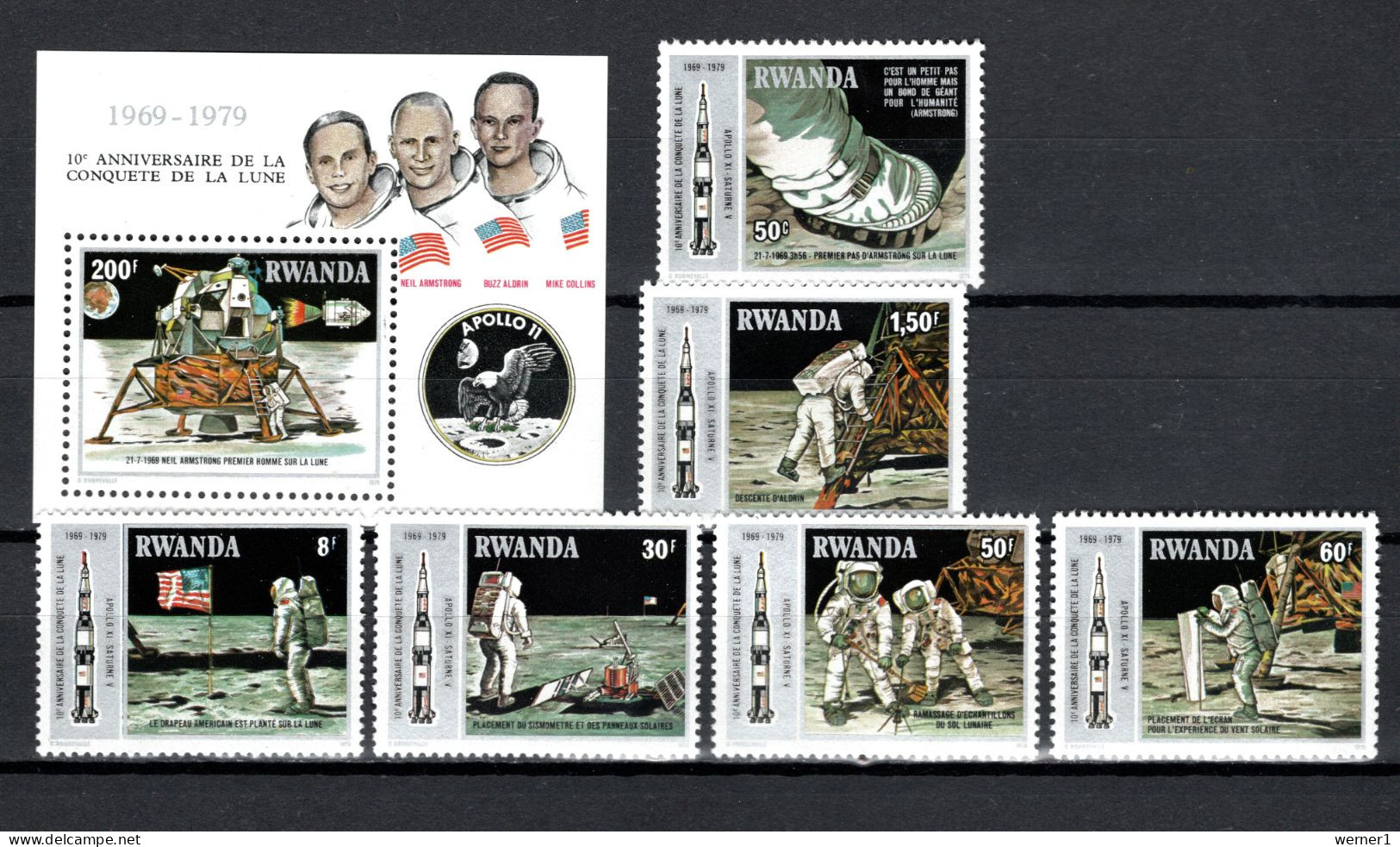 Rwanda 1980 Space, 10th Anniversary Of Apollo 11 Moonlanding Set Of 6 + S/s MNH - Africa
