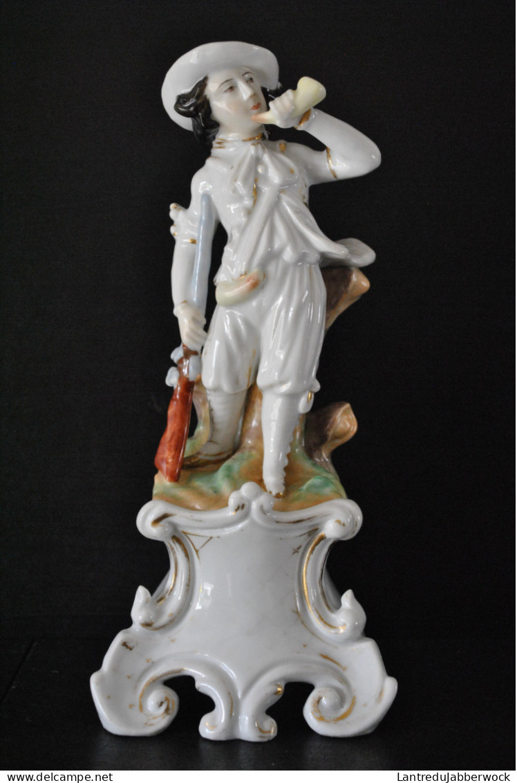 Statuette Chasseur Fusil Cor De Chasse Porcelaine Polychrome XIXè Vieil Andenne Vieux Bruxelles Paris Porte Plume Encens - Autres & Non Classés