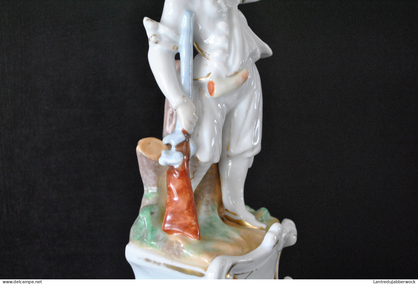 Statuette Chasseur fusil cor de chasse porcelaine polychrome XIXè Vieil Andenne Vieux Bruxelles Paris Porte plume encens