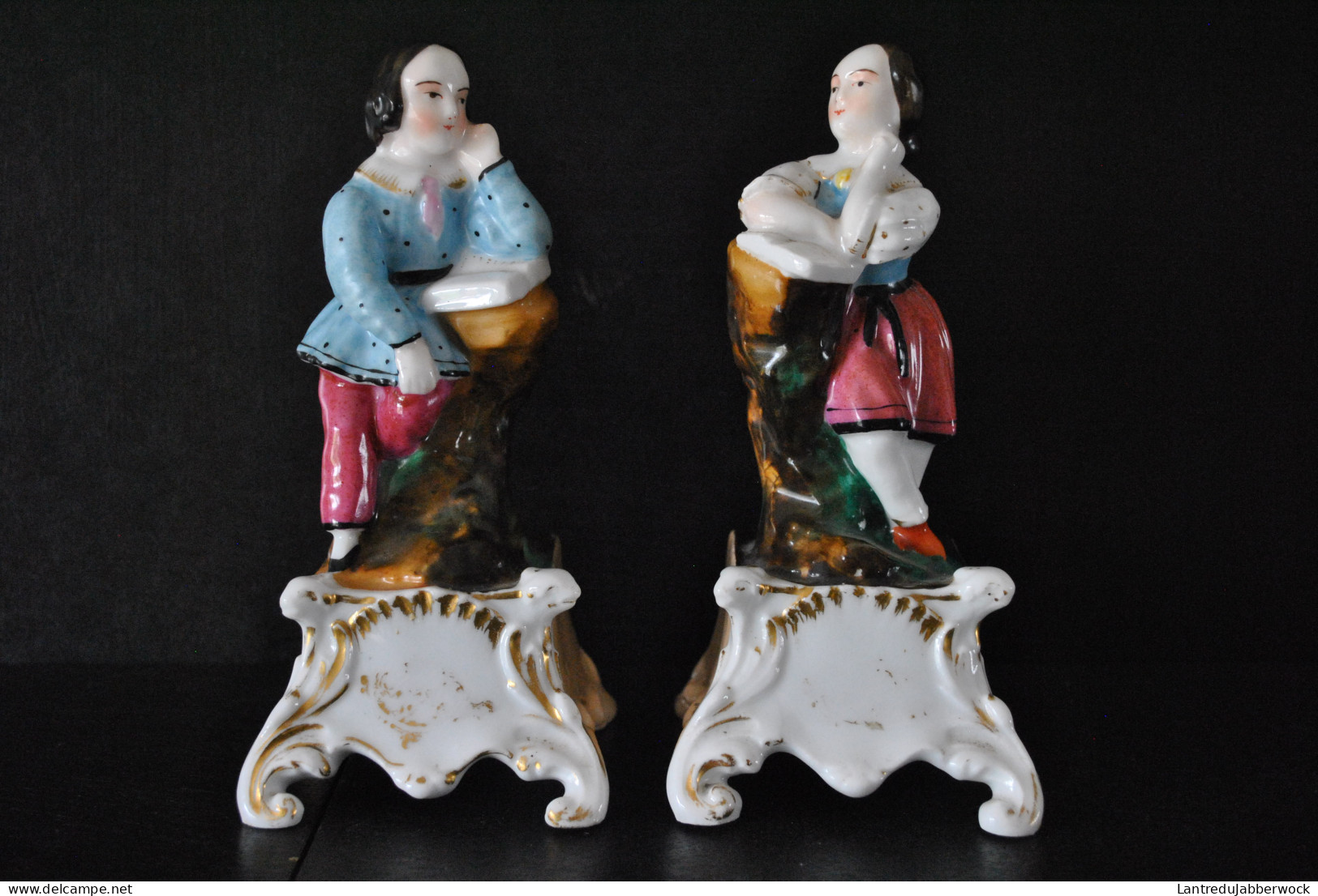 Paire De Statuettes D'enfants Lisant Et Accoudés Porcelaine XIXè Vieil Andenne Vieux Bruxelles Paris Porte Plume Encens - Autres & Non Classés